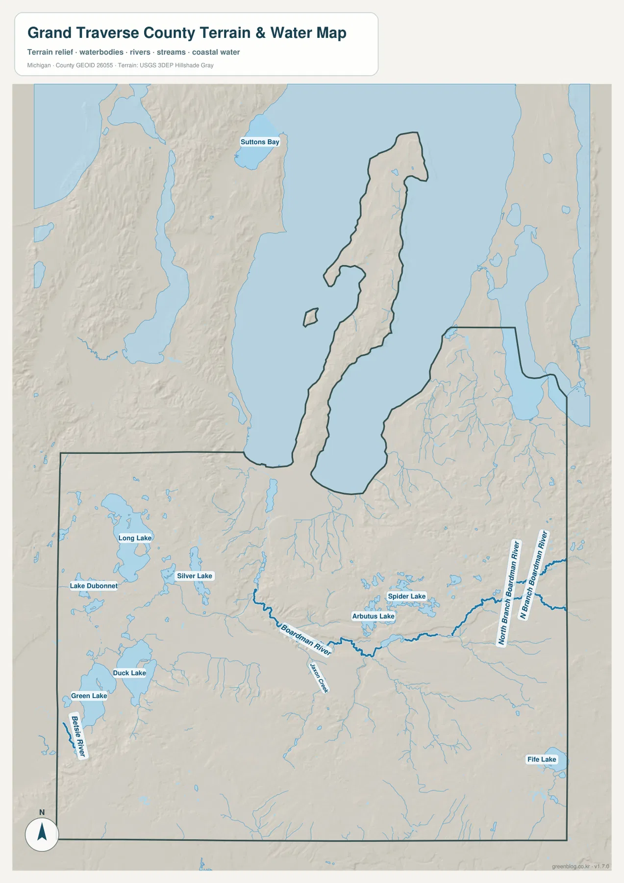 Grand Traverse County terrain and water map showing Grand Traverse Bay, Boardman River, North Branch Boardman River, Long Lake, Lake Dubonnet, Silver Lake, Green Lake, Duck Lake, Spider Lake, Arbutus Lake and Fife Lake
