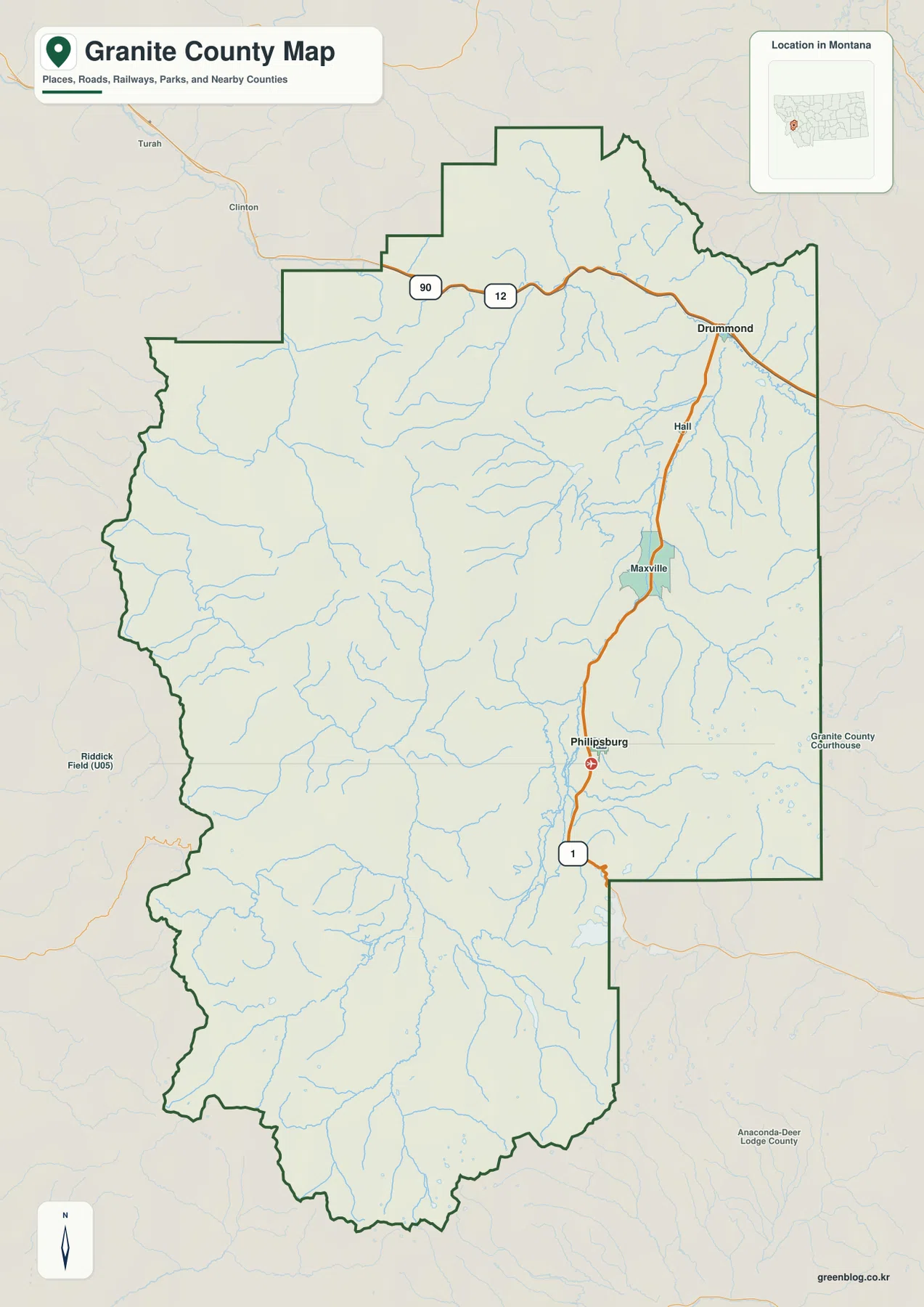 Drummond, Hall, Maxville, Philipsburg와 MT-1, I-90, U.S. 12를 표시한 몬태나주 Granite County 지도