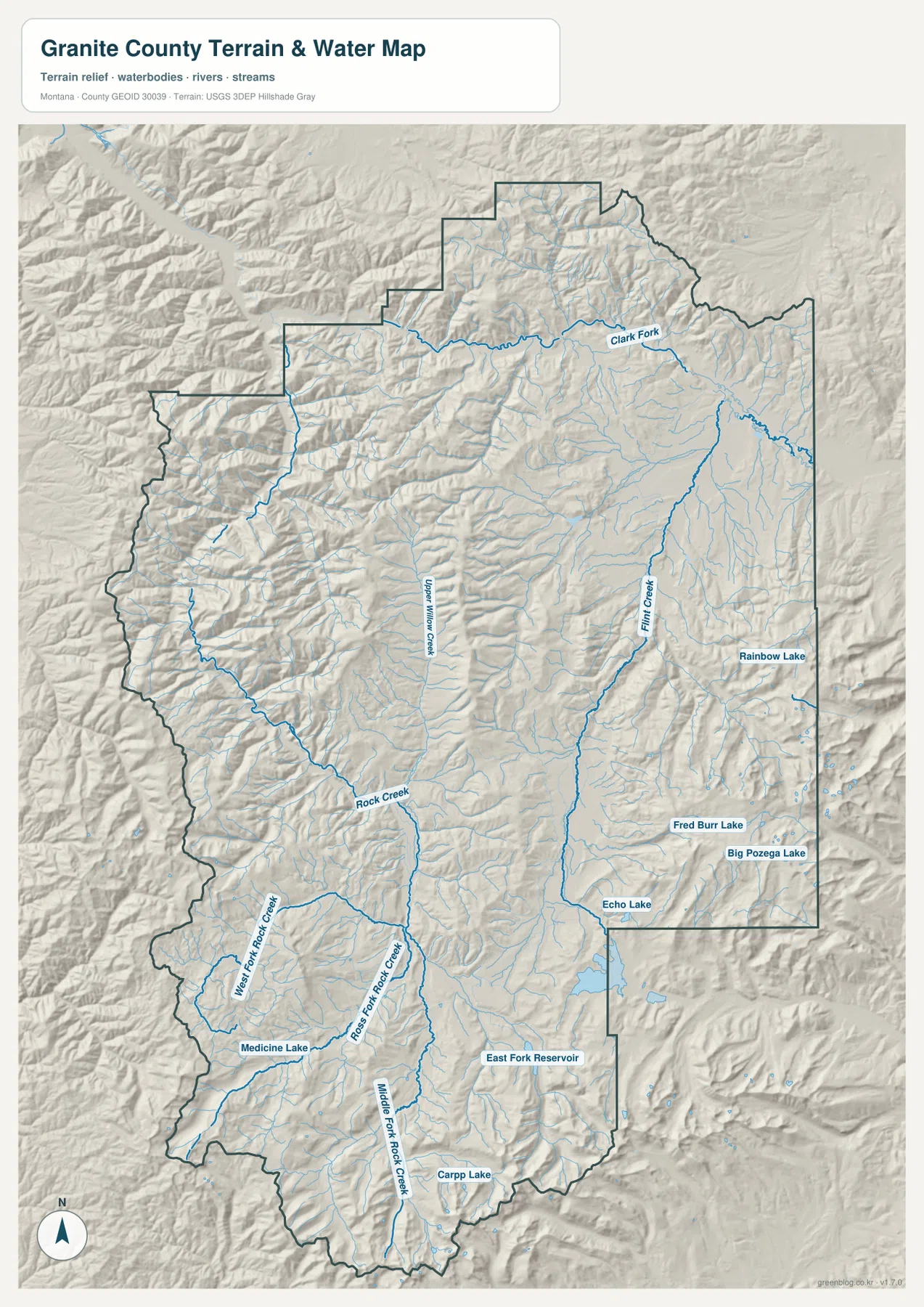 Clark Fork, Flint Creek, Upper Willow Creek, Rock Creek와 여러 호수를 표시한 Granite County 수역 지형 지도