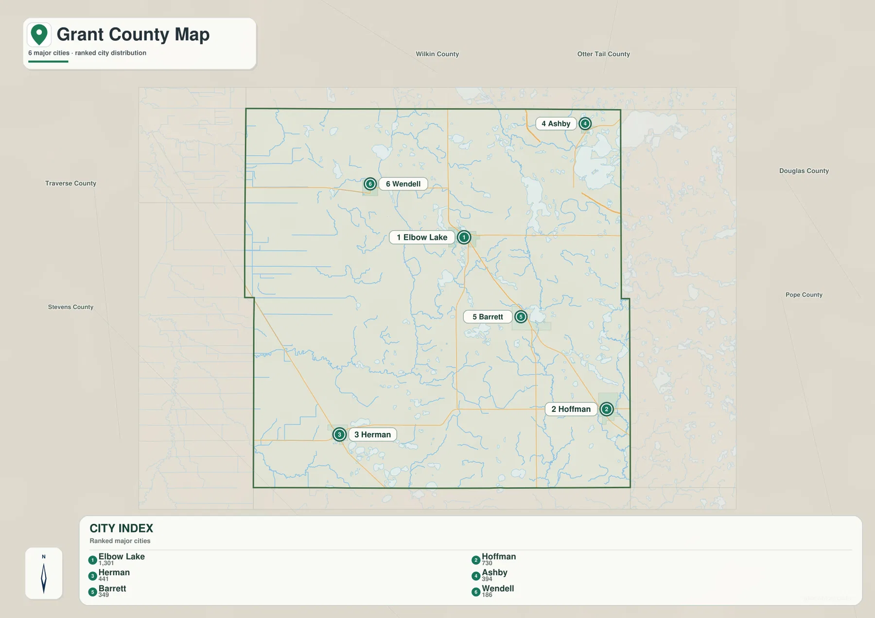 Grant County city map showing Elbow Lake, Hoffman, Herman, Ashby, Barrett and Wendell