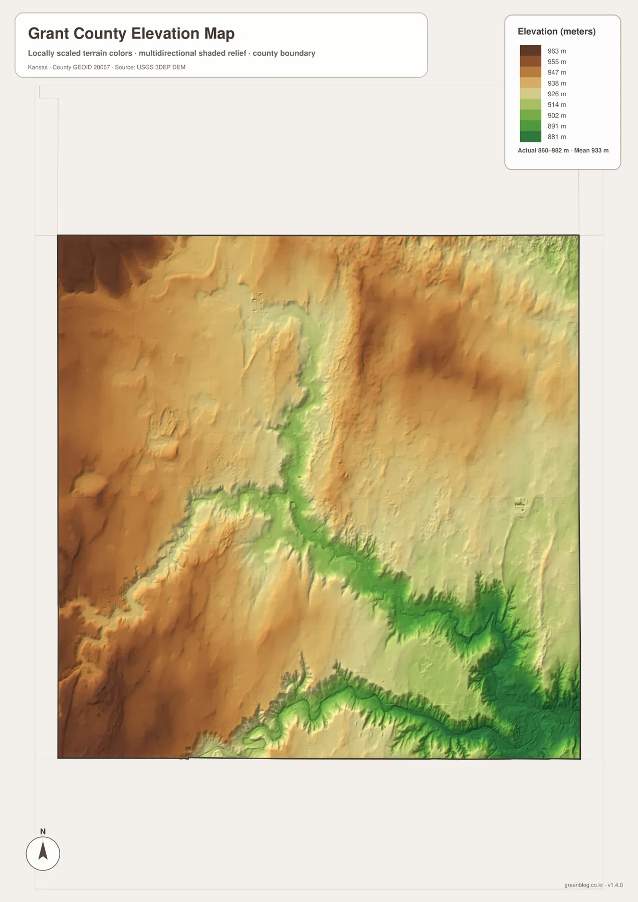 그랜트 카운티 고도 지도에 표시된 860~982m 범위, 서부 High Plains 고지와 North Fork Cimarron·Cimarron River 저지