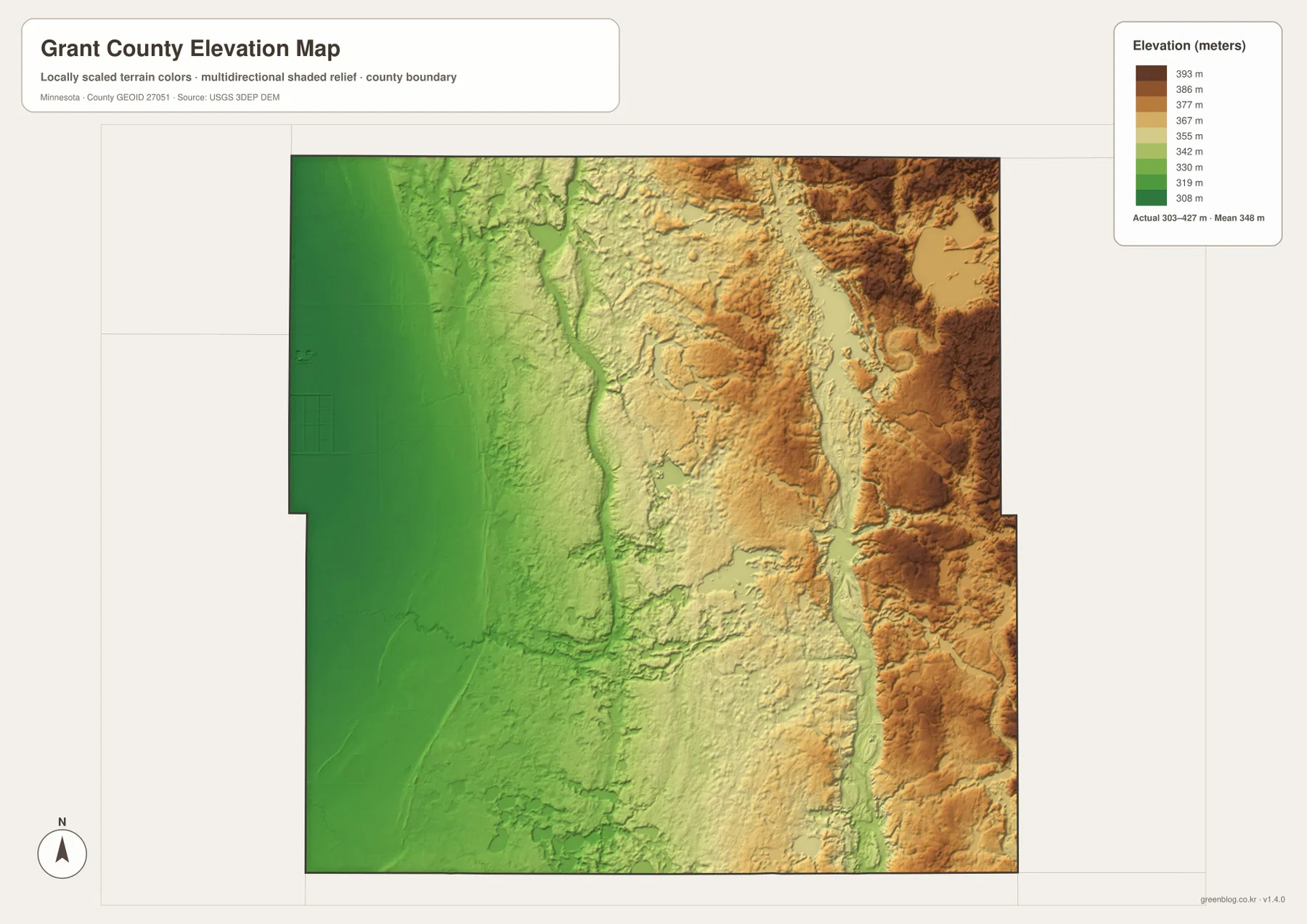 Grant County elevation map showing approximately 303 to 427 meters of relief
