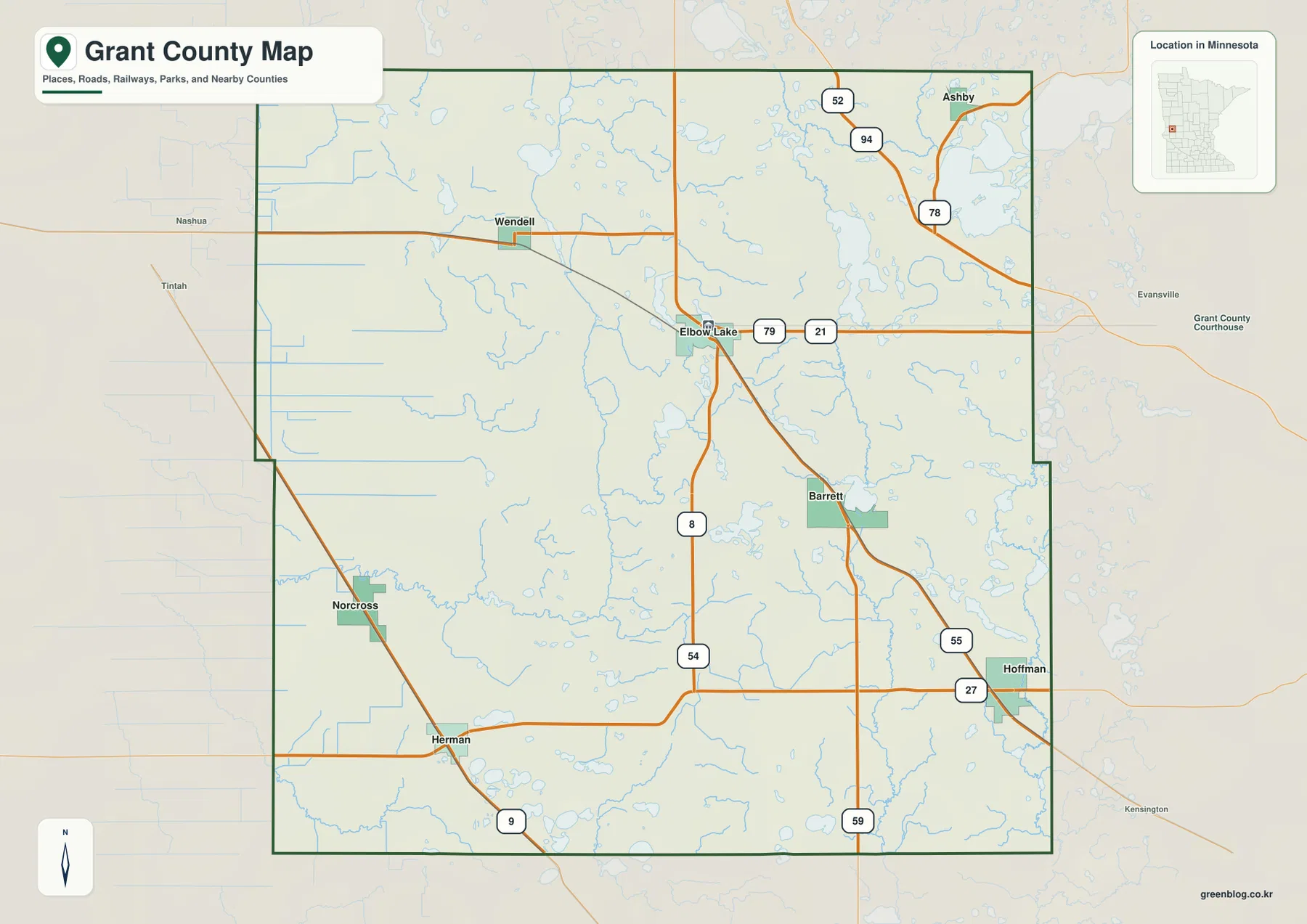 Grant County map showing Elbow Lake, Ashby, Hoffman, Herman and major numbered roads