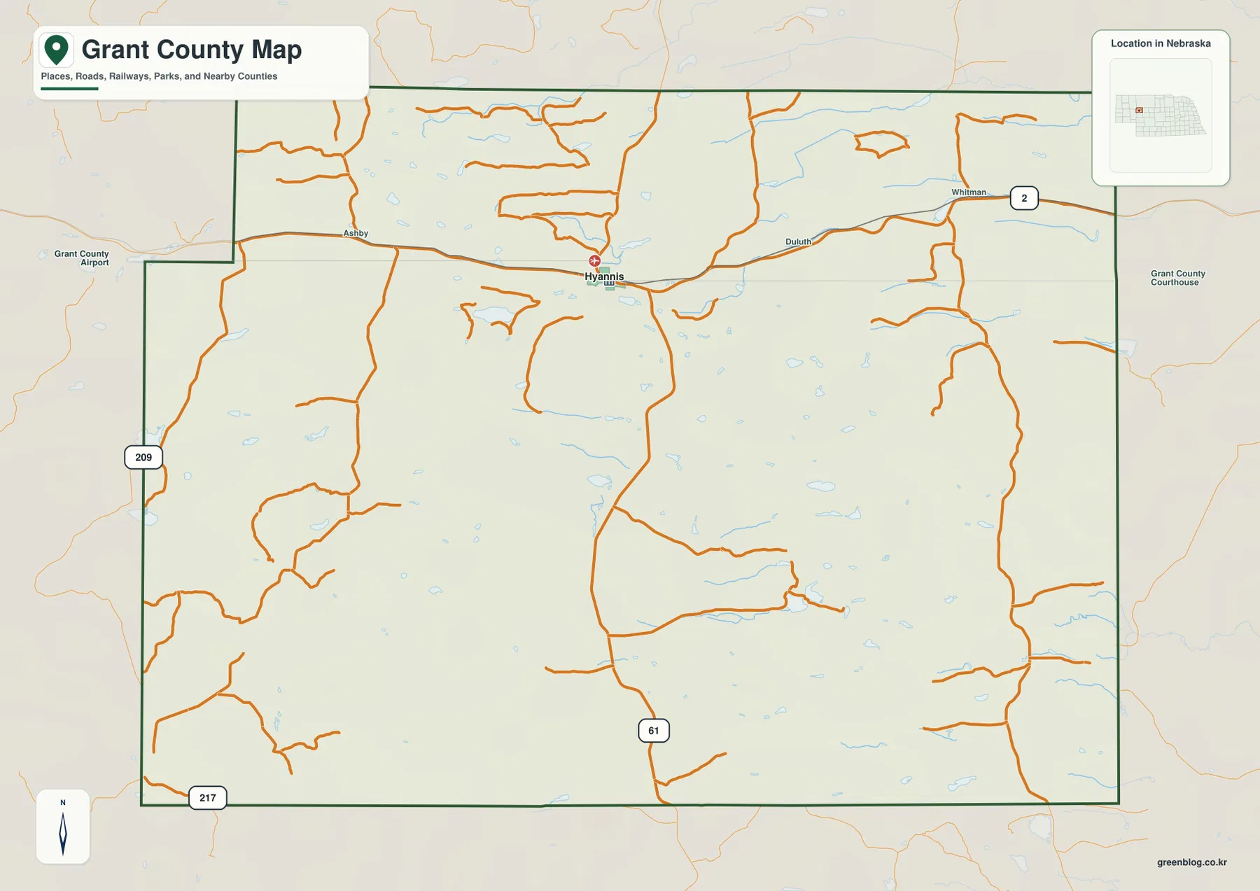 Hyannis, Ashby, Duluth, Whitman과 Highway 2, 61, 209, 217 및 주요 지방도로를 보여 주는 Grant County 지도