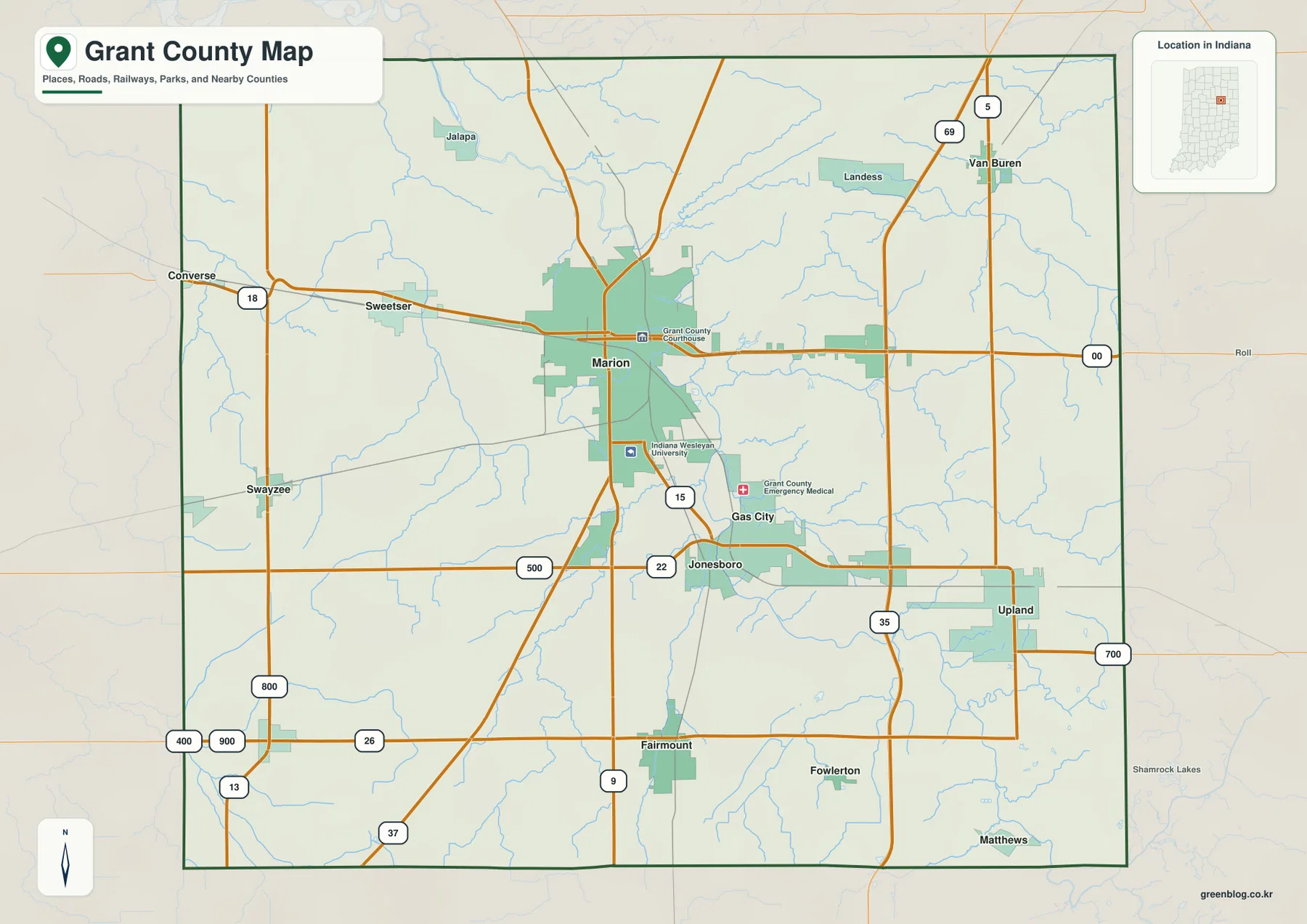 인디애나주 Grant County 기본 지도에 Marion, Gas City, Jonesboro, Upland, Fairmount, Sweetser와 주요 도로가 표시된 모습
