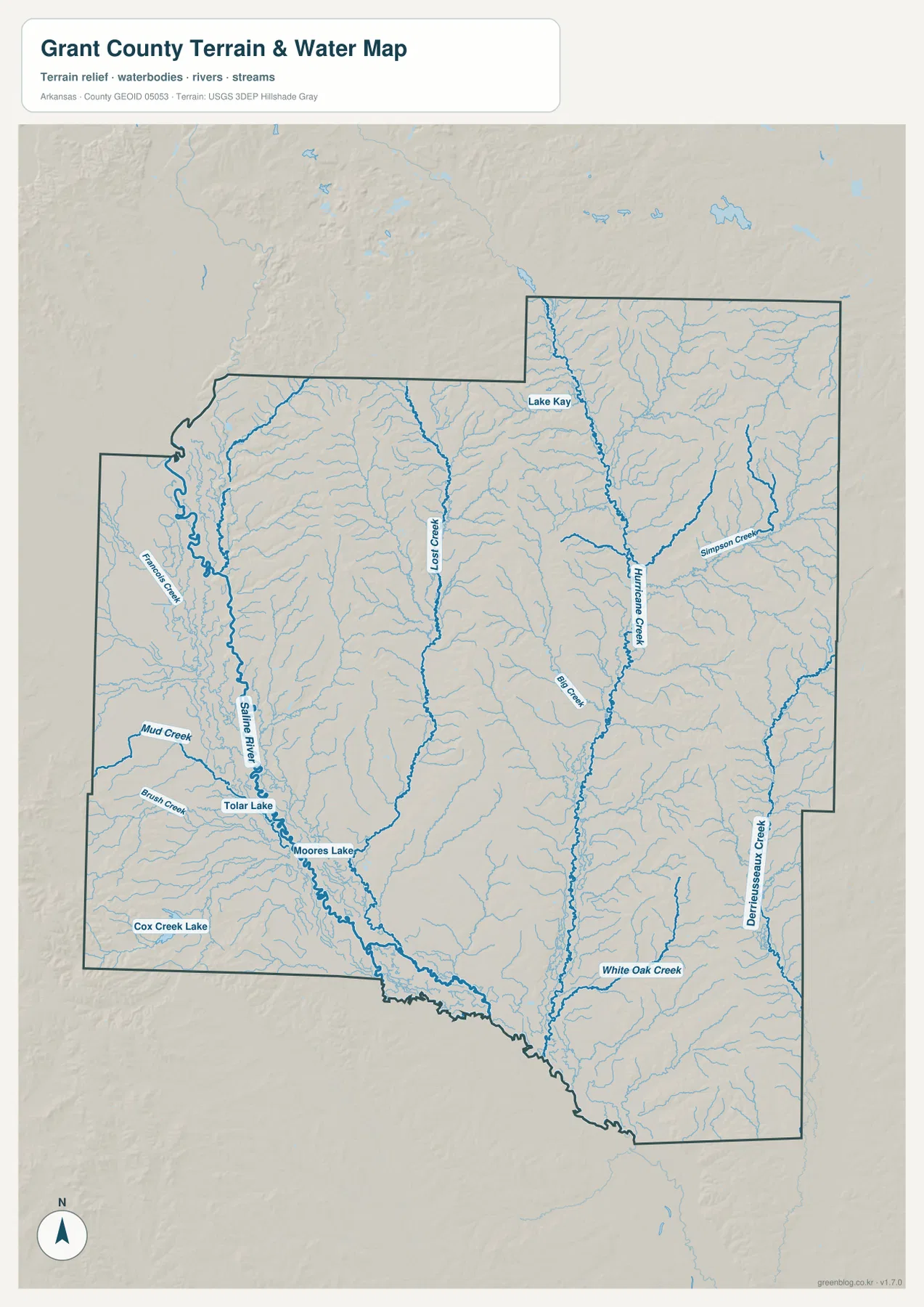 Saline River, Lost Creek, Hurricane Creek, Tolar Lake, Moores Lake와 주요 지류를 표시한 그랜트 카운티 수역 지형 지도