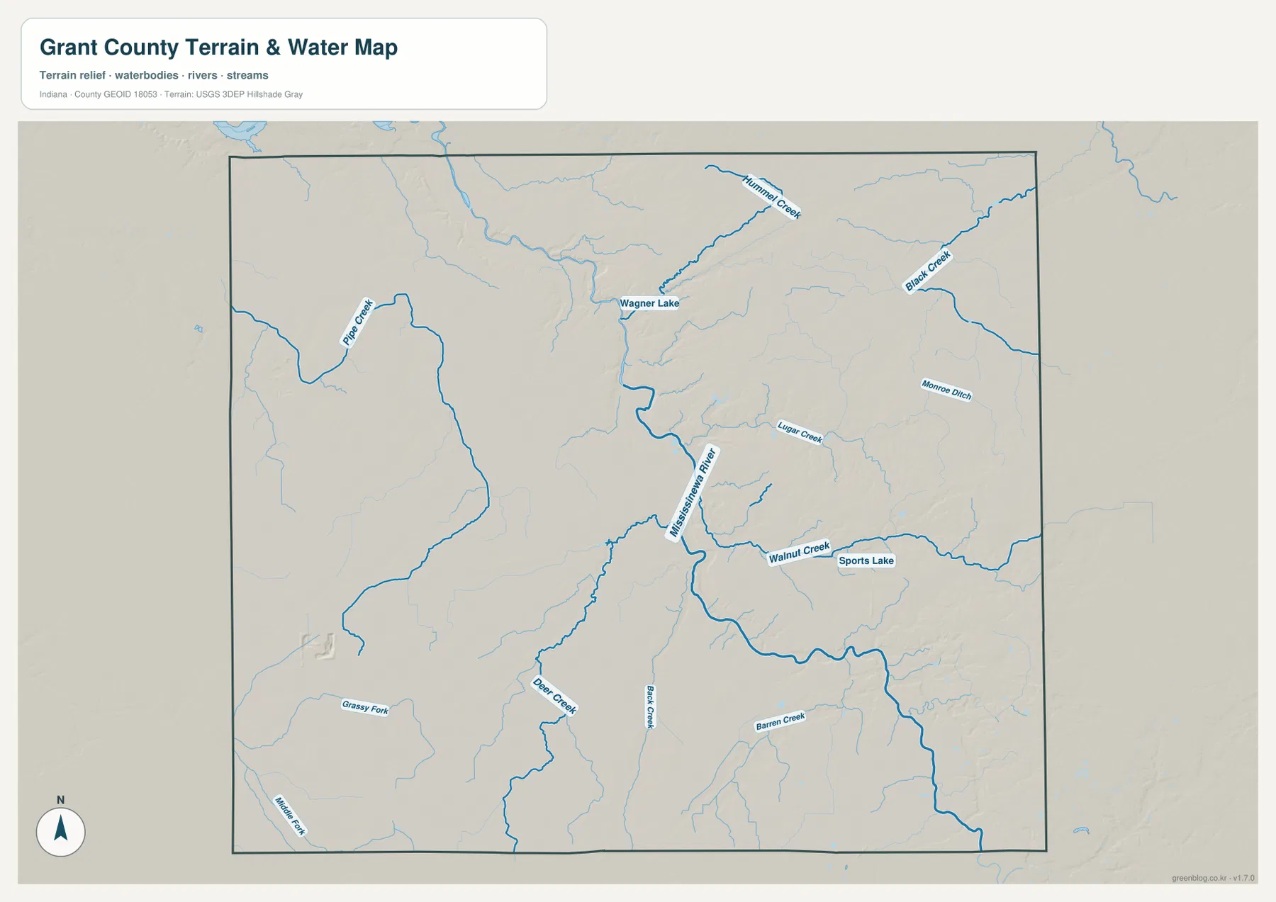 Grant County 수역·지형 지도에 Mississinewa River, Pipe Creek, Hummel Creek, Lugar Creek, Walnut Creek, Sports Lake가 표시된 모습