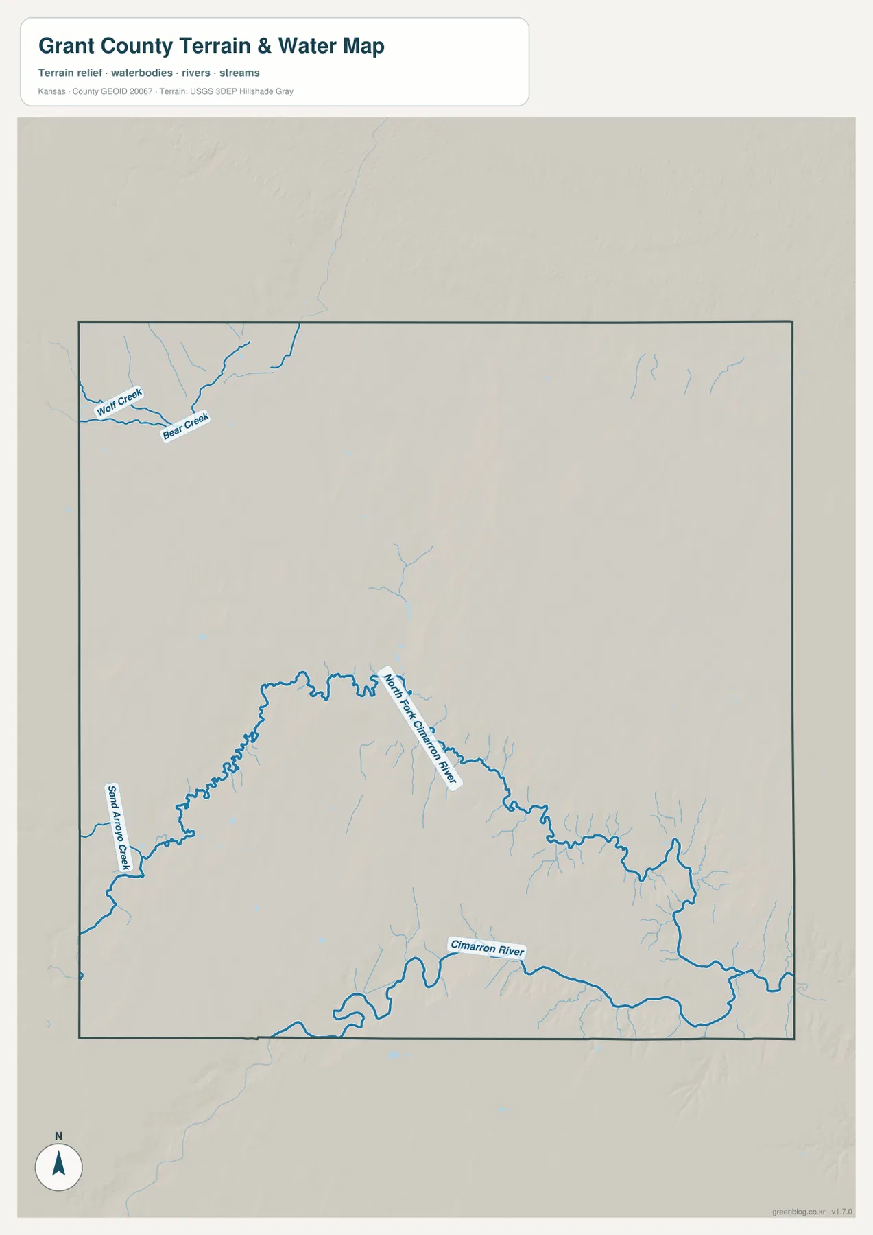그랜트 카운티 수역 지도에 표시된 North Fork Cimarron River, Cimarron River, Wolf Creek, Bear Creek, Sand Arroyo Creek과 주요 지류