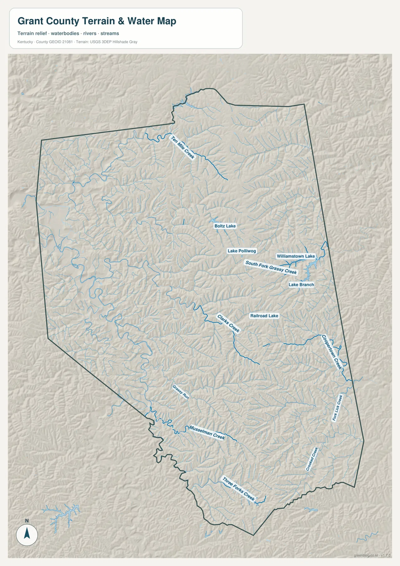 Williamstown Lake, Ten Mile Creek, Clarks Creek, Musselman Creek, Three Forks Creek 등이 표시된 그랜트 카운티 수역 지형 지도