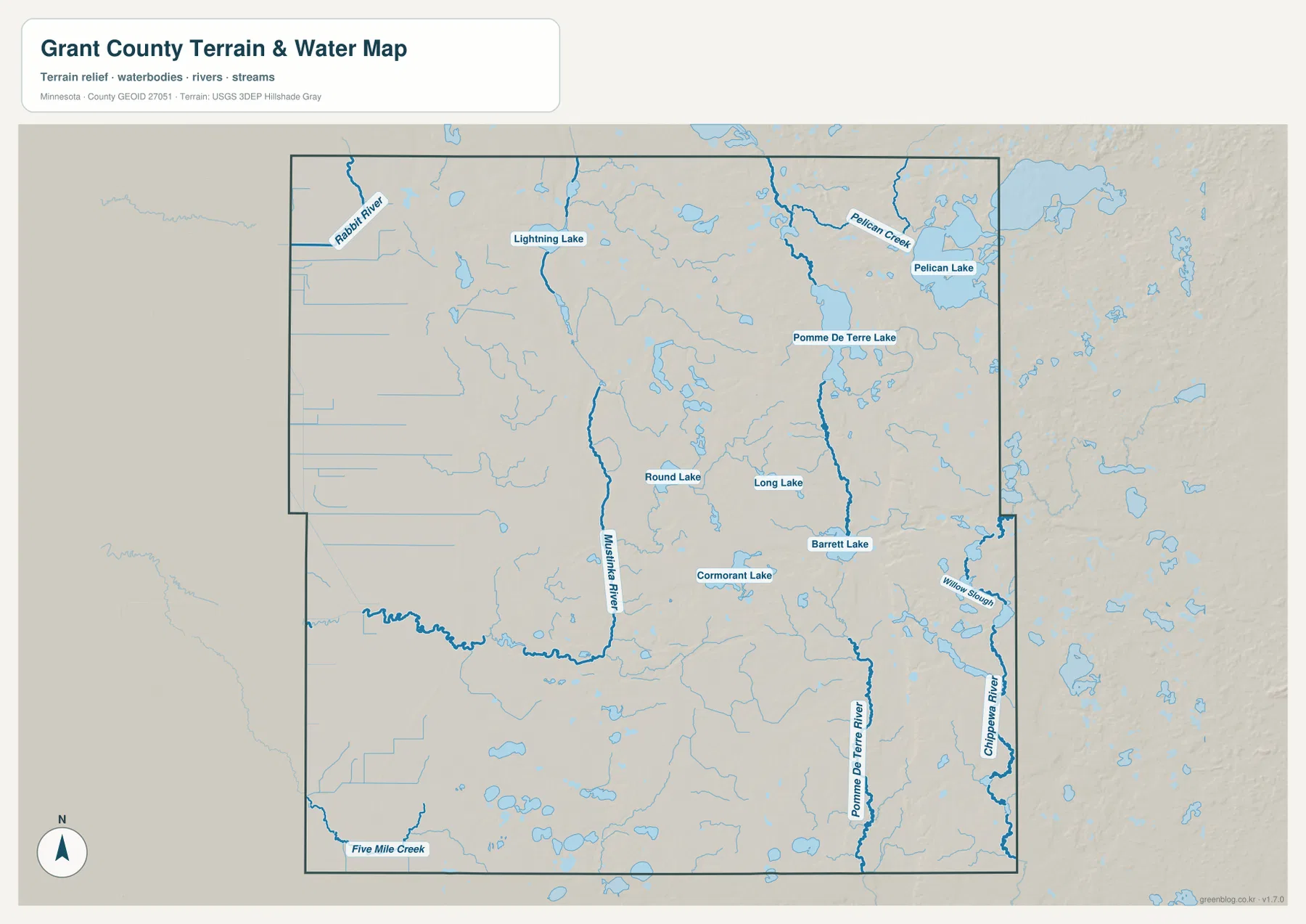 Grant County water map showing Pelican Lake, Pomme De Terre Lake, Mustinka River, Pomme De Terre River and Chippewa River