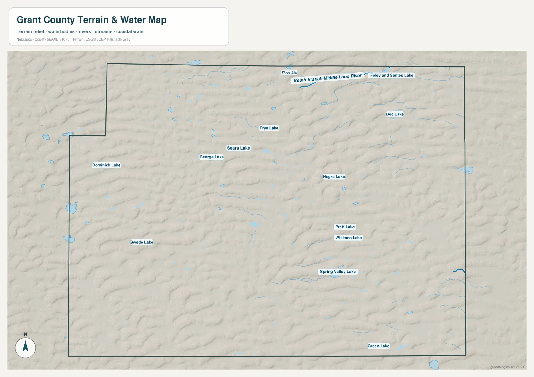 South Branch Middle Loup River, Three Lakes, Foley and Sentes Lake, Frye Lake, Sears Lake, Spring Valley Lake, Green Lake와 여러 Sandhills 수역을 보여 주는 Grant County 수역 지도