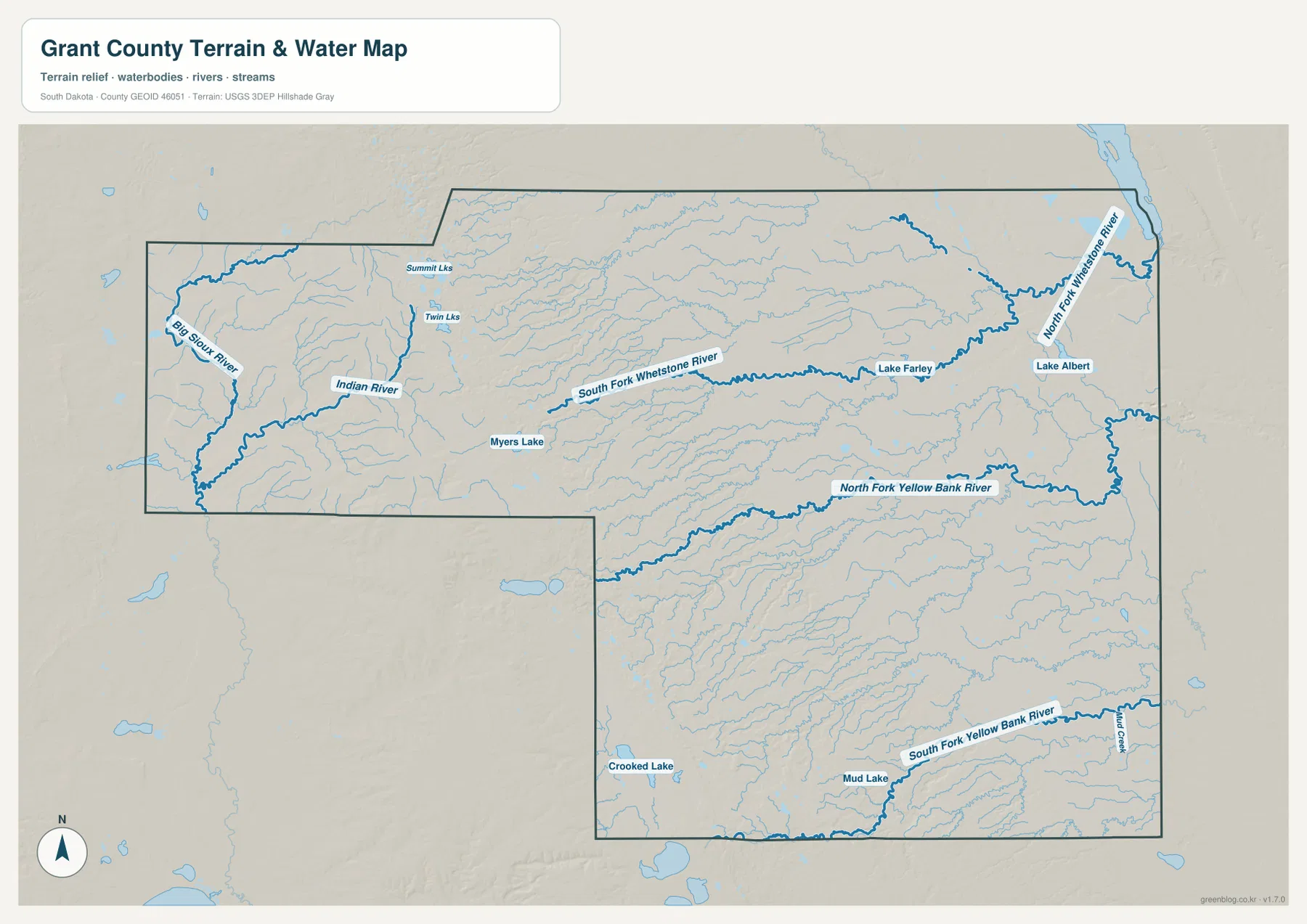 Big Sioux River, Whetstone River 지류, Yellow Bank River 지류와 호수를 표시한 그랜트 카운티 수역 지도