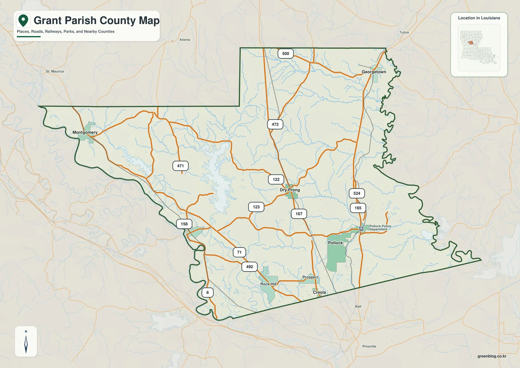 Grant Parish map showing Colfax, Dry Prong, Pollock, Montgomery, Georgetown, and major roads
