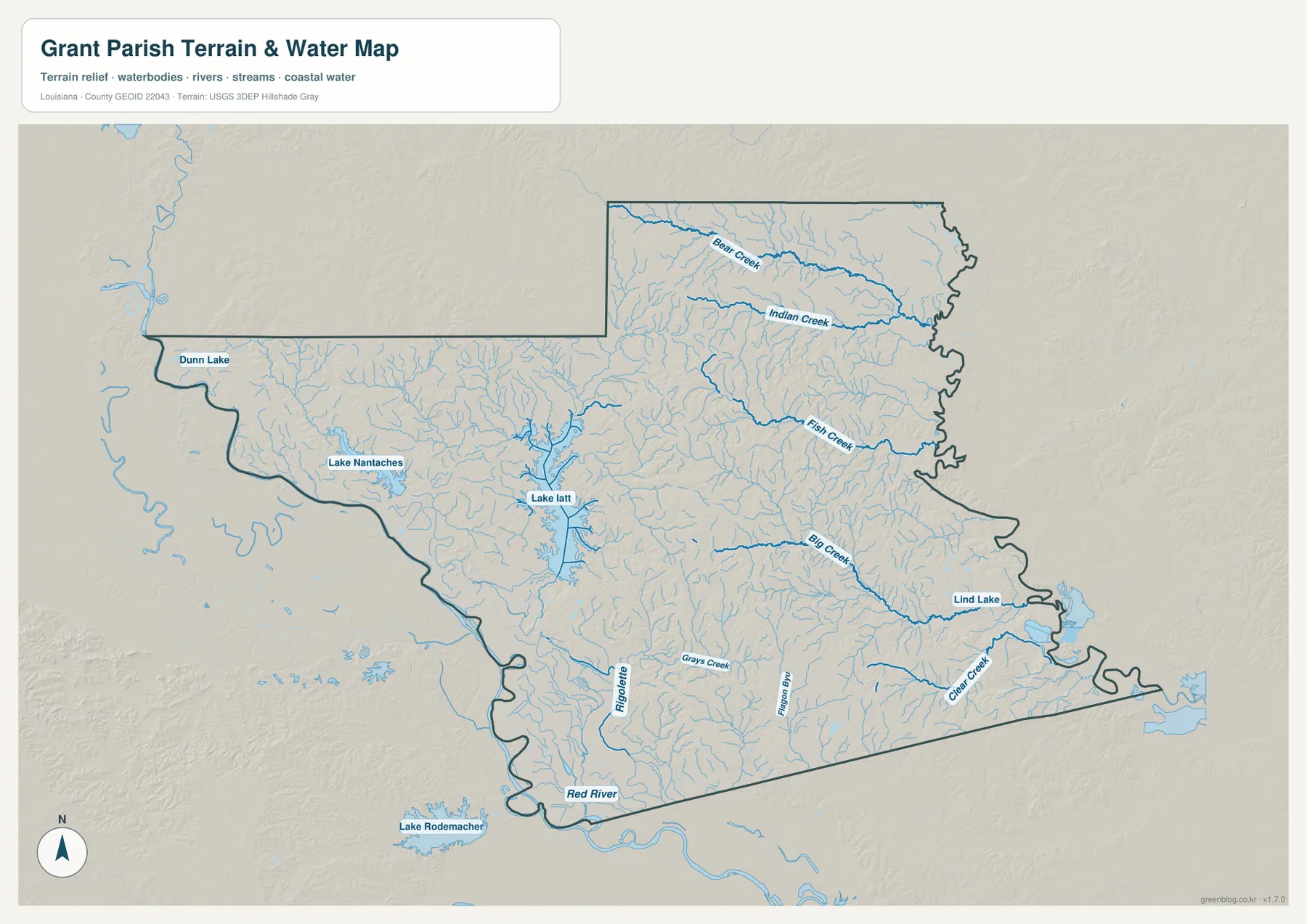 Grant Parish terrain and water map showing the Red River, Bear Creek, Indian Creek, Big Creek, Clear Creek, Lake Nantachies, and Lake Iatt