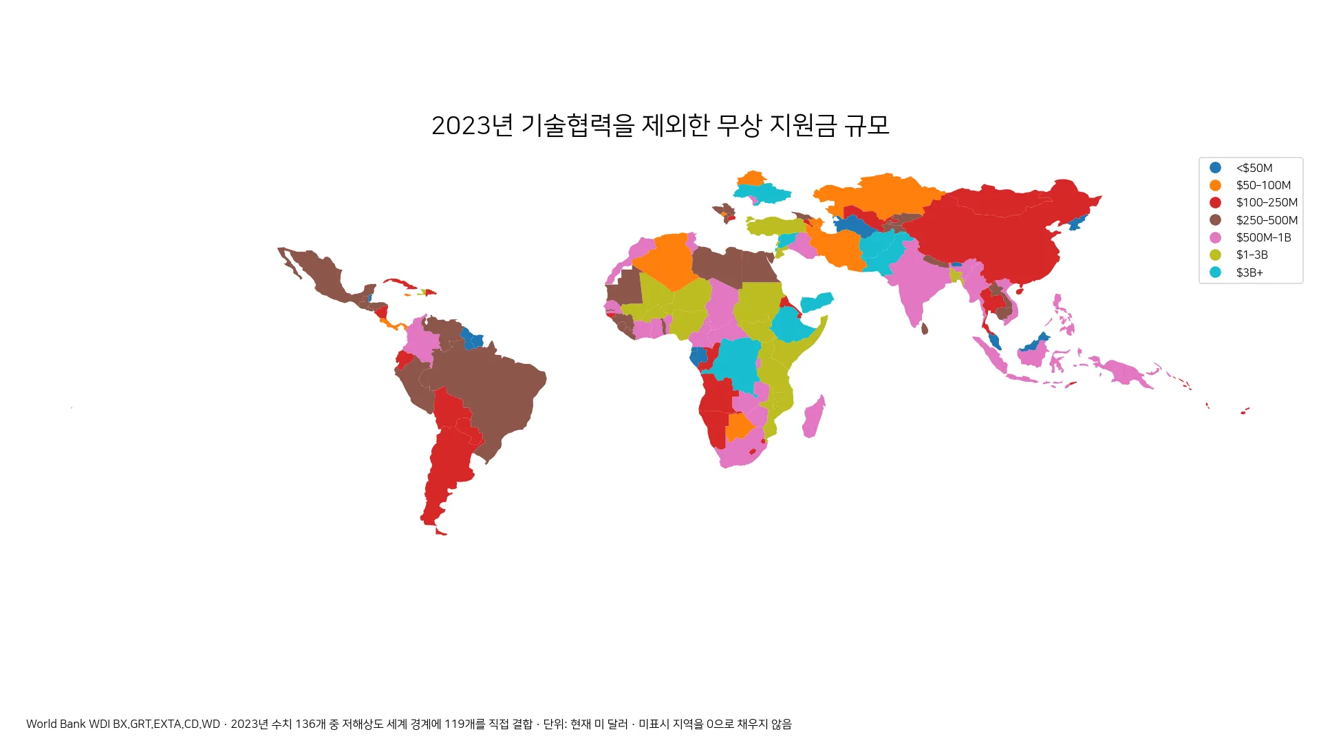 2023년 기술협력을 제외한 무상 지원금 국가별 지도