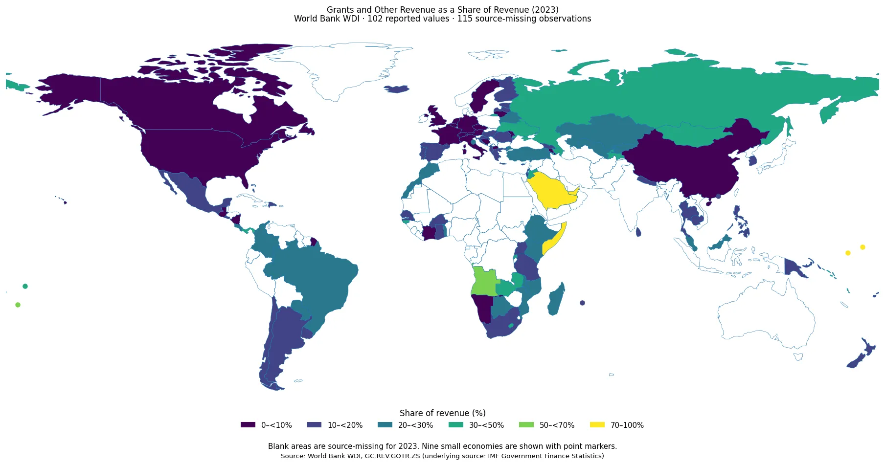 World map comparing grants and other revenue as a percentage of government revenue across reporting economies in 2023