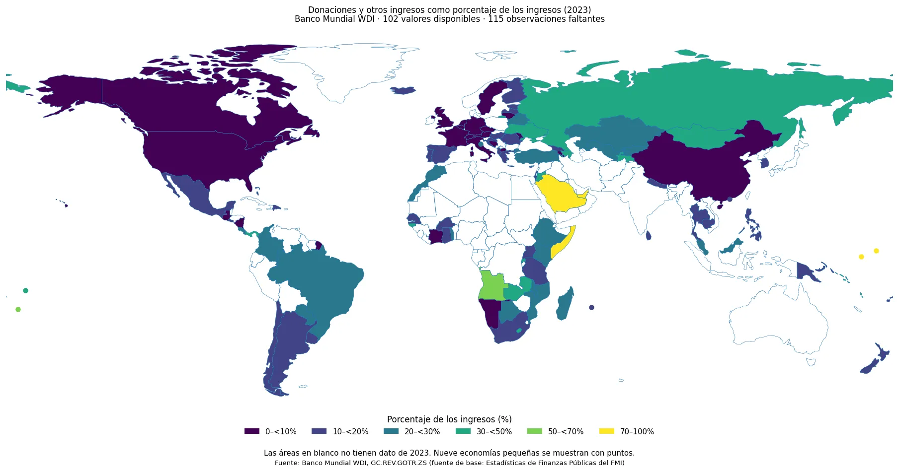 Mapa mundial de donaciones y otros ingresos como porcentaje de los ingresos públicos en economías con datos de 2023