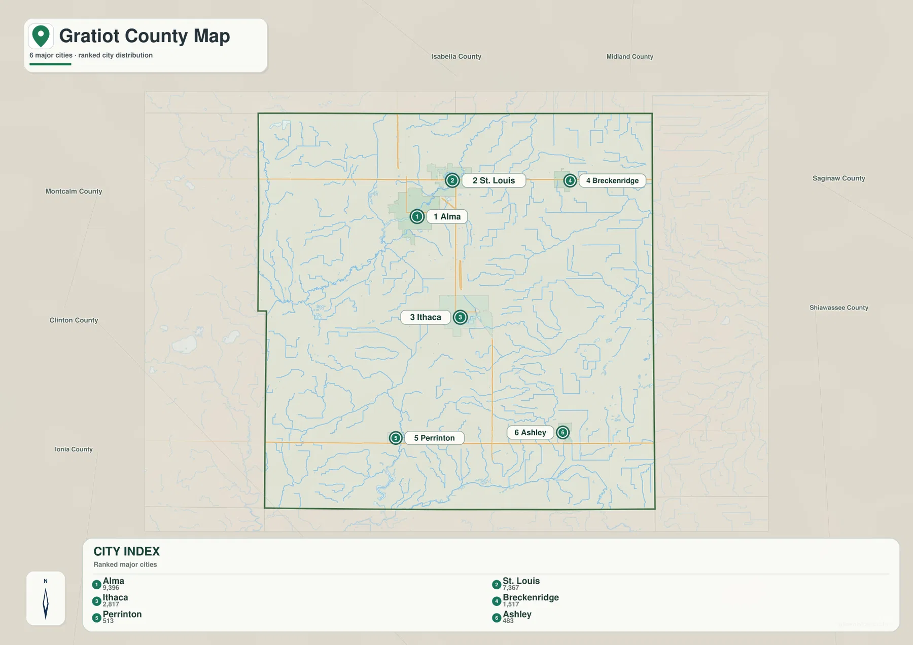 Gratiot County Michigan city distribution map with Alma, St. Louis, Ithaca, Breckenridge, Perrinton and Ashley numbered