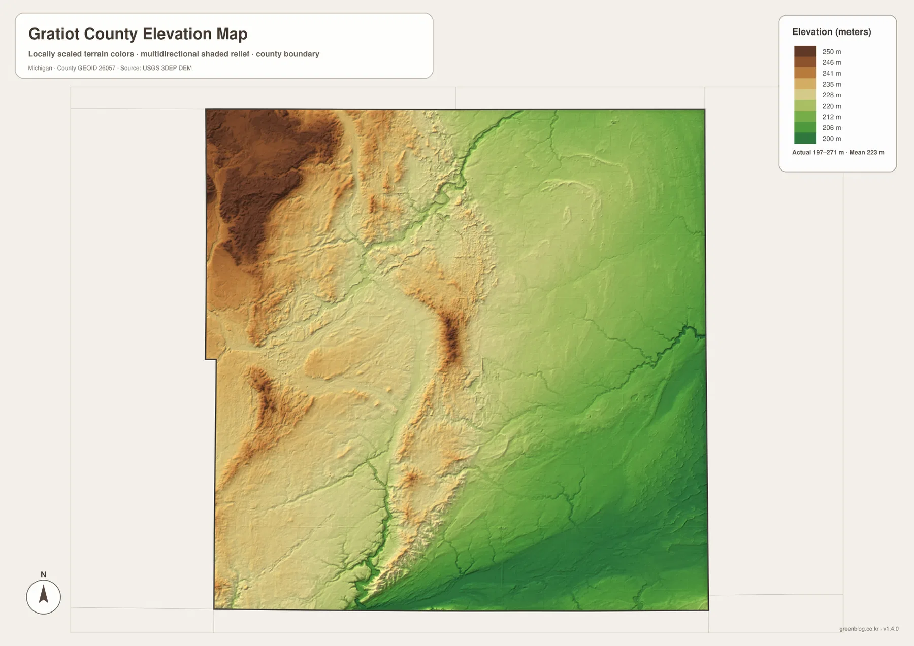 Gratiot County Michigan elevation map showing high northwestern terrain, central ridges, and lower eastern and southeastern river country
