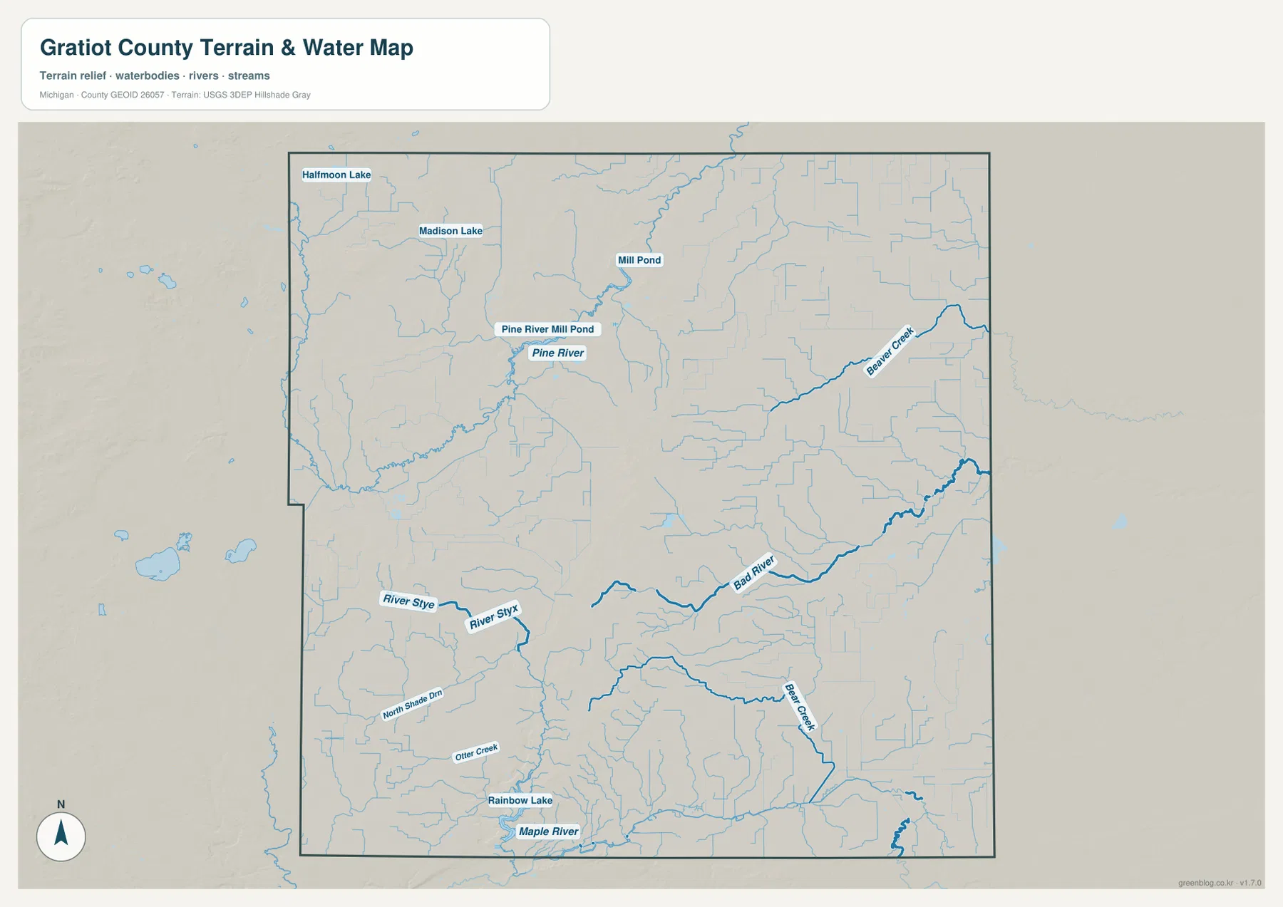 Gratiot County terrain and water map showing Pine River, Bad River, Maple River, Beaver Creek, Bear Creek, River Styx, Halfmoon Lake, Madison Lake, Pine River Mill Pond, Mill Pond and Rainbow Lake