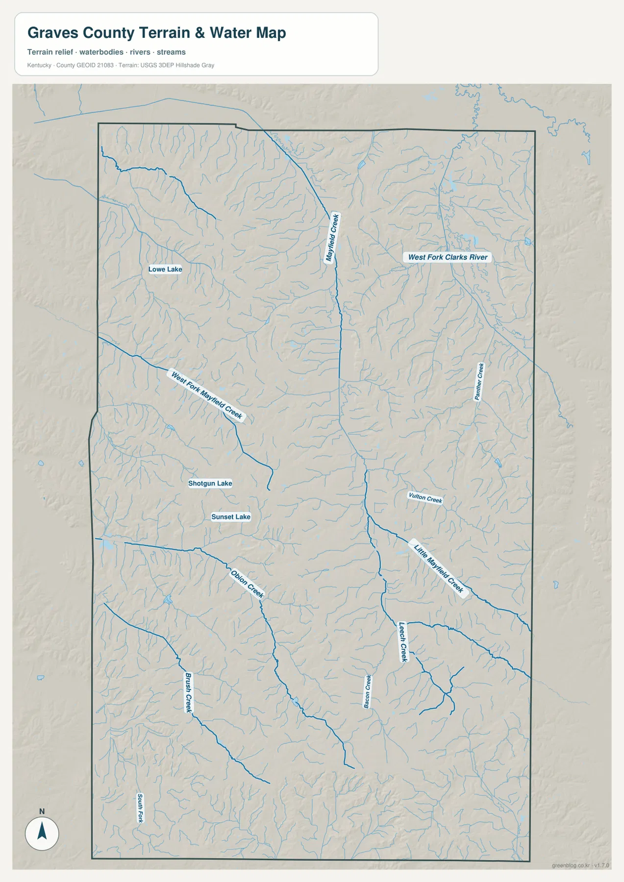 Mayfield Creek, West Fork Mayfield Creek, Little Mayfield Creek와 여러 지류가 표시된 Graves County 수역 지형 지도