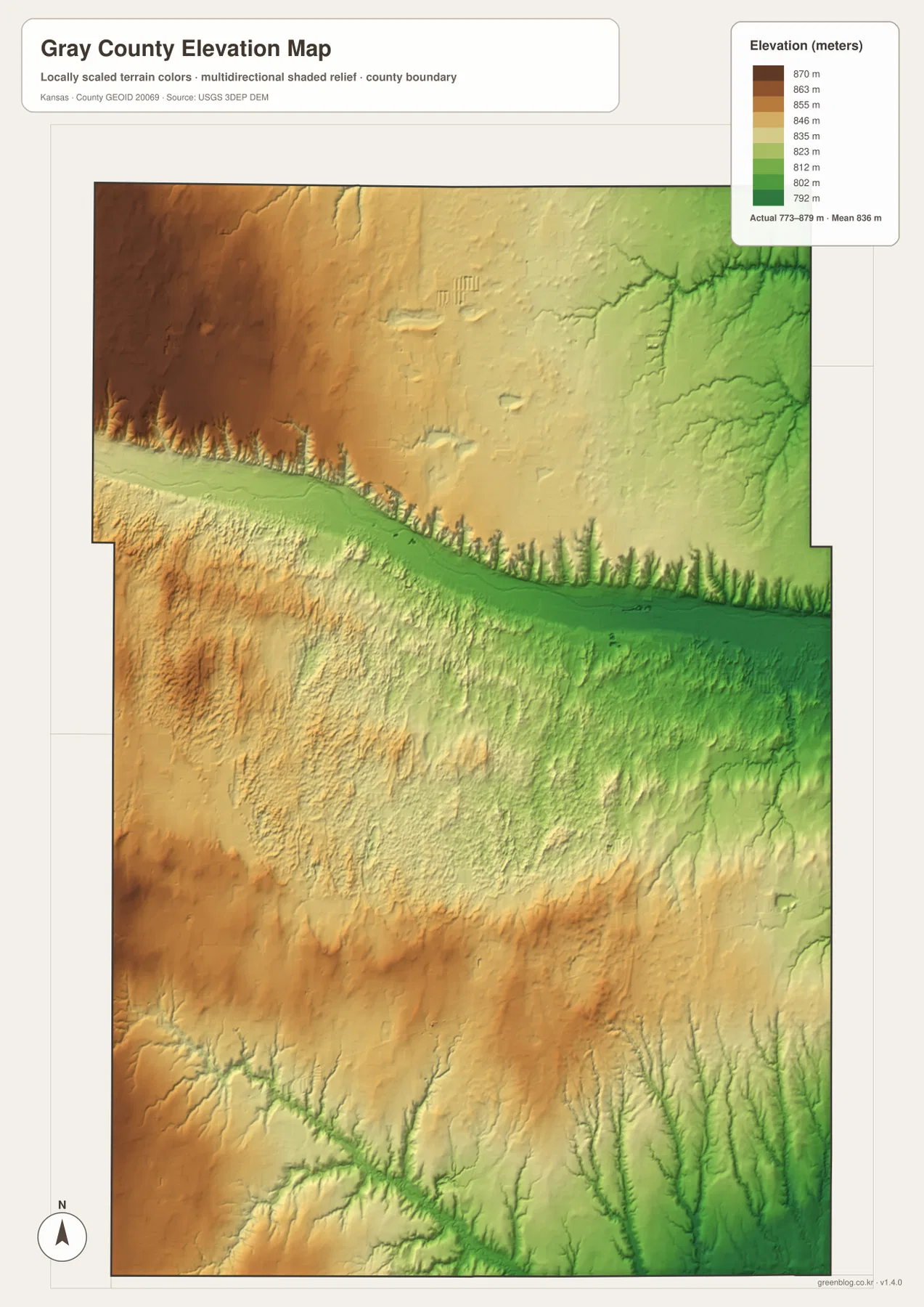 그레이 카운티 고도 지도에 표시된 773~879m 범위, 서부 High Plains 고지와 Arkansas River·동부 하천 저지