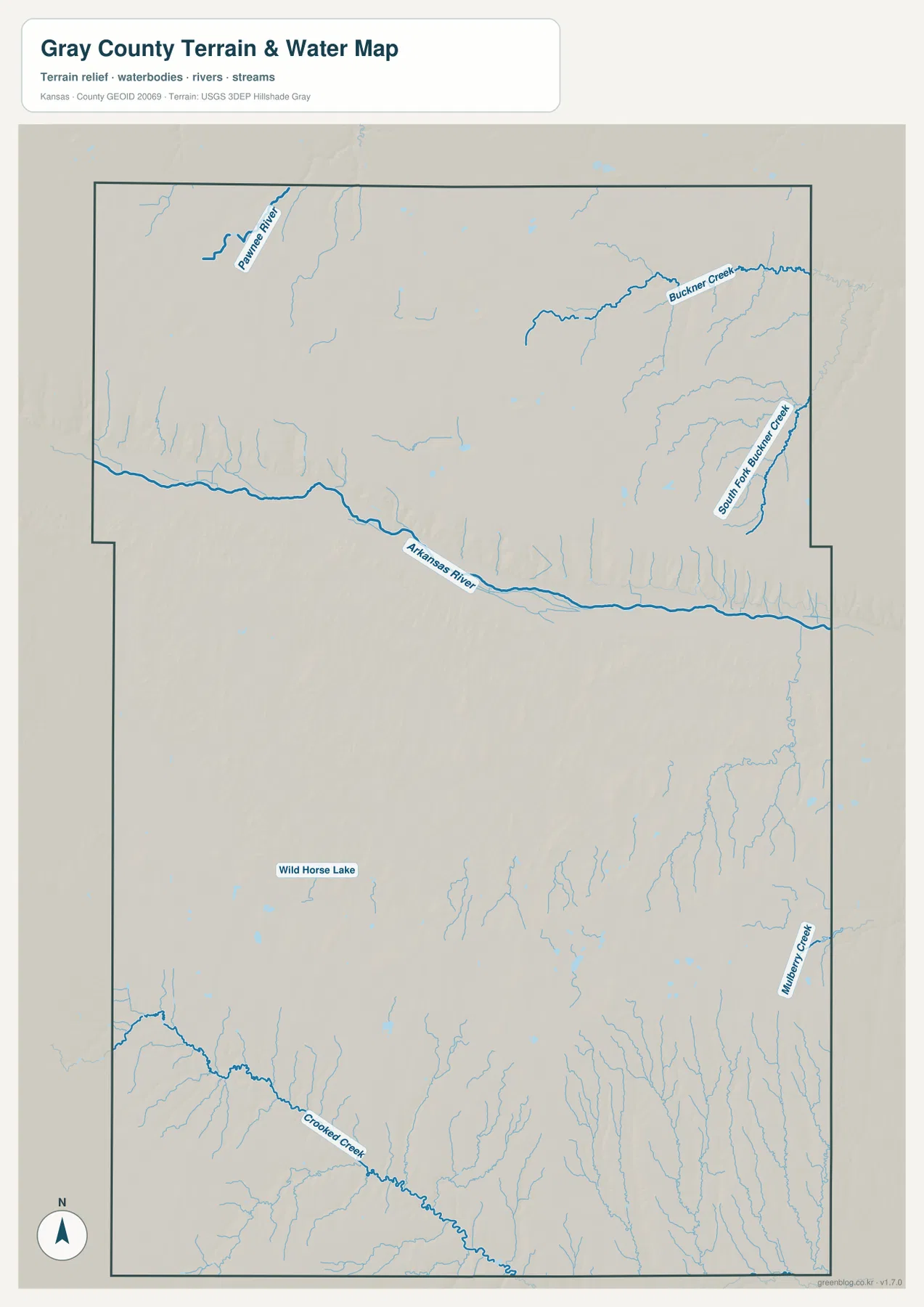 그레이 카운티 수역 지도에 표시된 Arkansas River, Buckner Creek, South Fork Buckner Creek, Crooked Creek, Mulberry Creek과 Wild Horse Lake