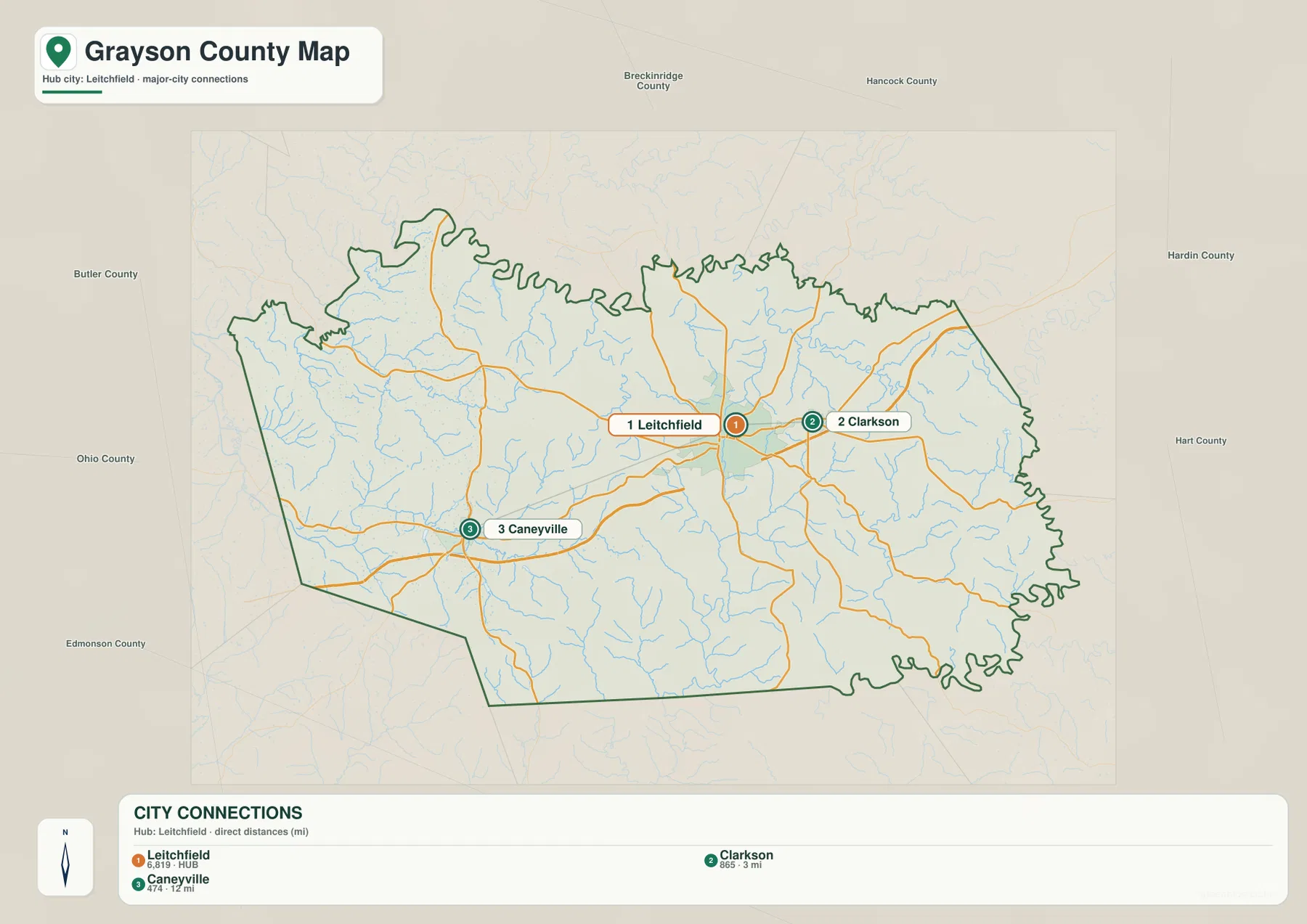 Grayson County city connection map with Leitchfield, Clarkson, and Caneyville