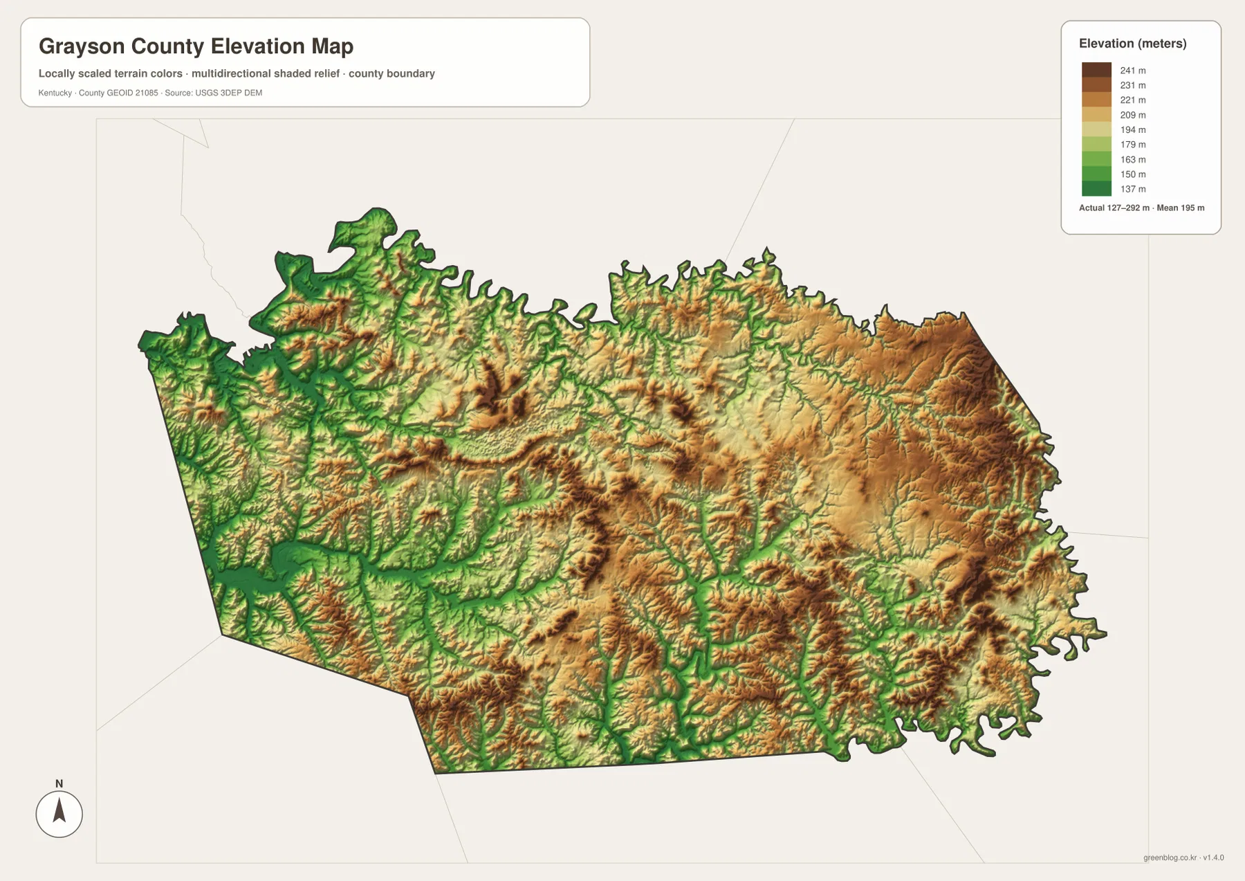 Grayson County Kentucky elevation map showing an actual range of about 127 to 292 meters and mean elevation of 195 meters