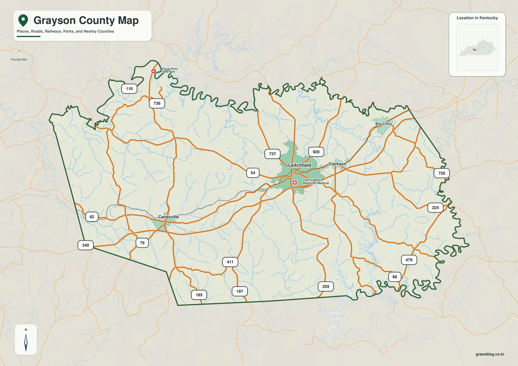 Grayson County Kentucky map showing Leitchfield, Clarkson, Caneyville, Big Clifty, and major roads