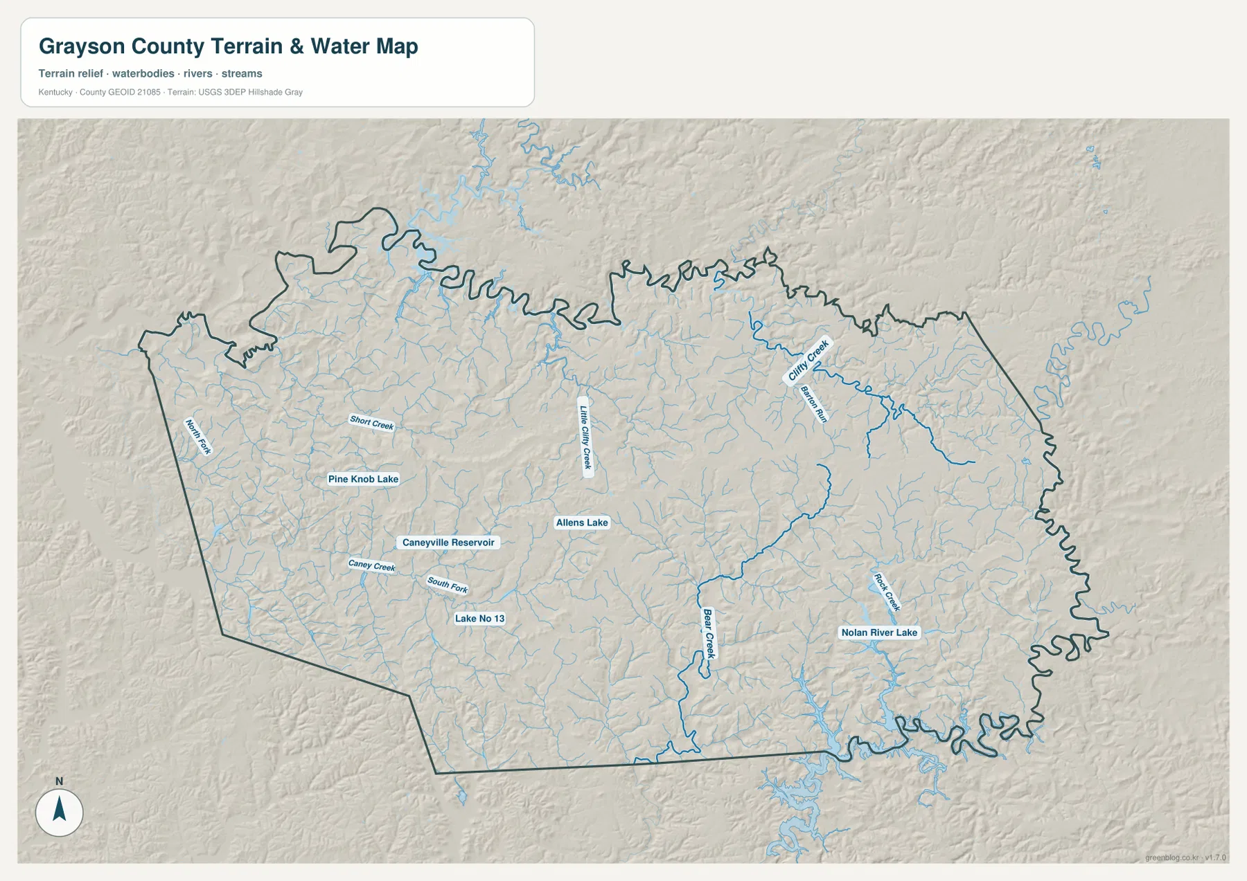 Grayson County terrain and water map with Nolin River Lake, Clifty Creek, Bear Creek, Caney Creek, and reservoirs