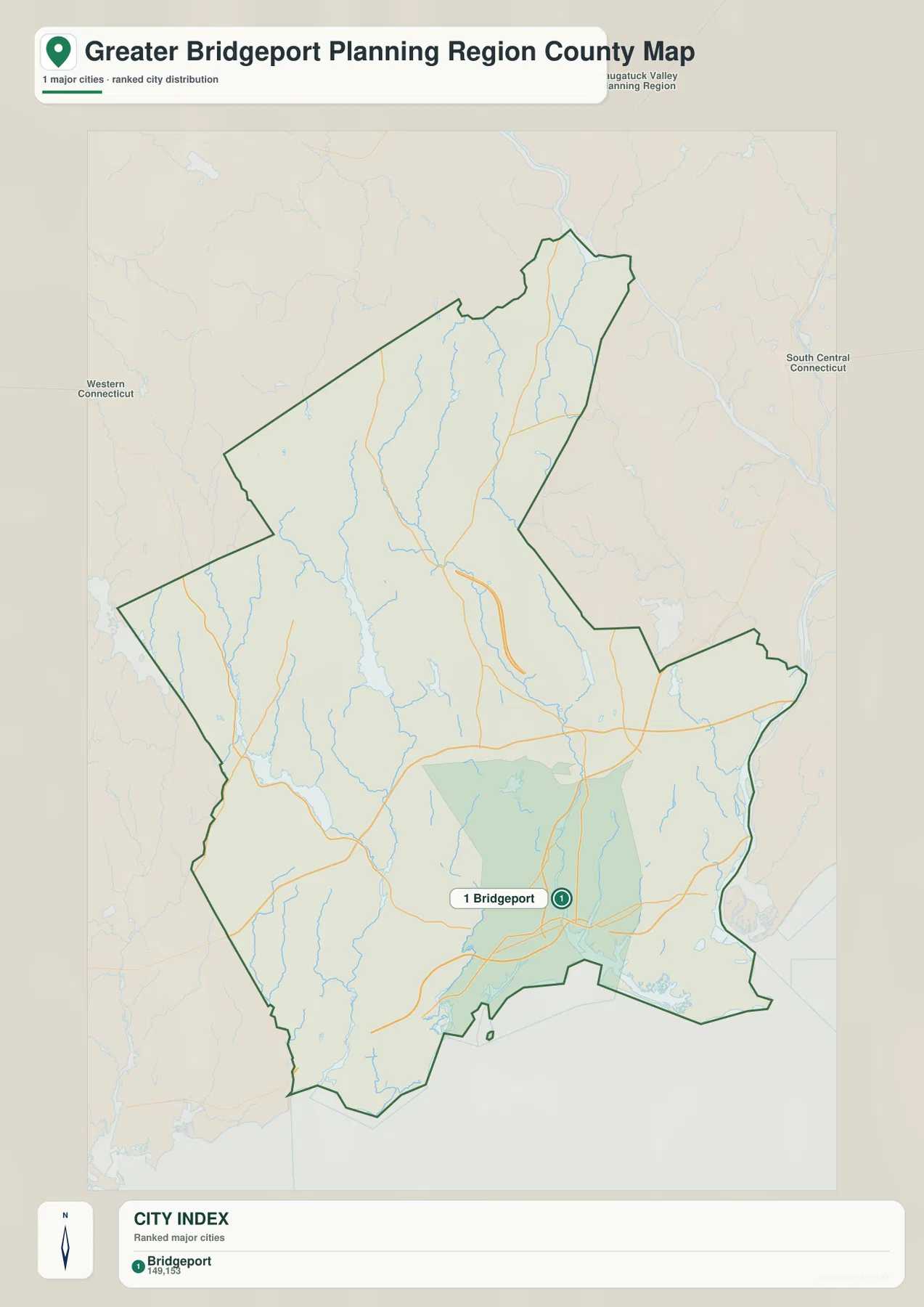 Greater Bridgeport Planning Region에서 Bridgeport가 1위 주요 도시로 표시된 도시 순위 지도