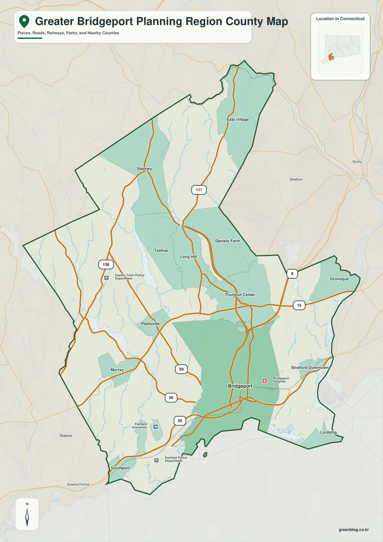 Greater Bridgeport Planning Region의 Bridgeport, Trumbull, Easton, Fairfield, Stratford 방향과 주요 도로를 보여 주는 지도