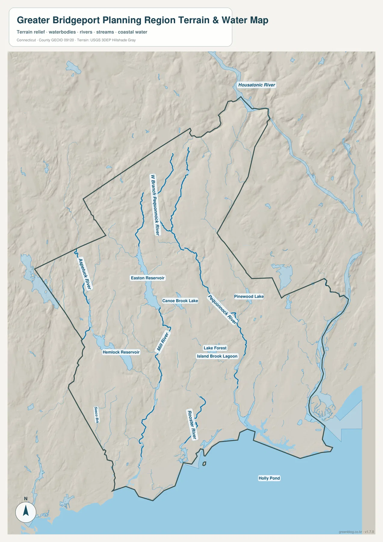 Greater Bridgeport Planning Region의 Pequonnock River, Mill River, Aspetuck River, Rooster River와 주요 저수지를 보여 주는 수역 지도