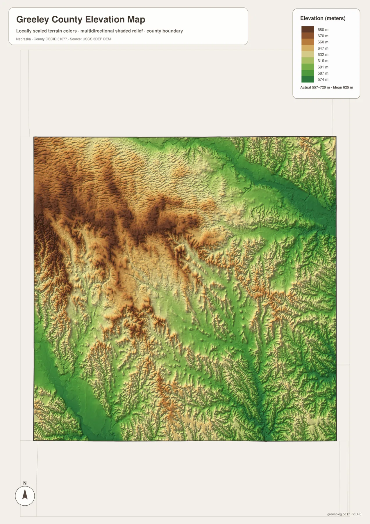높은 서쪽과 북서쪽 구릉, 낮은 North Loup River와 Cedar River 및 creek 골짜기를 보여 주는 Greeley County 고도 지도