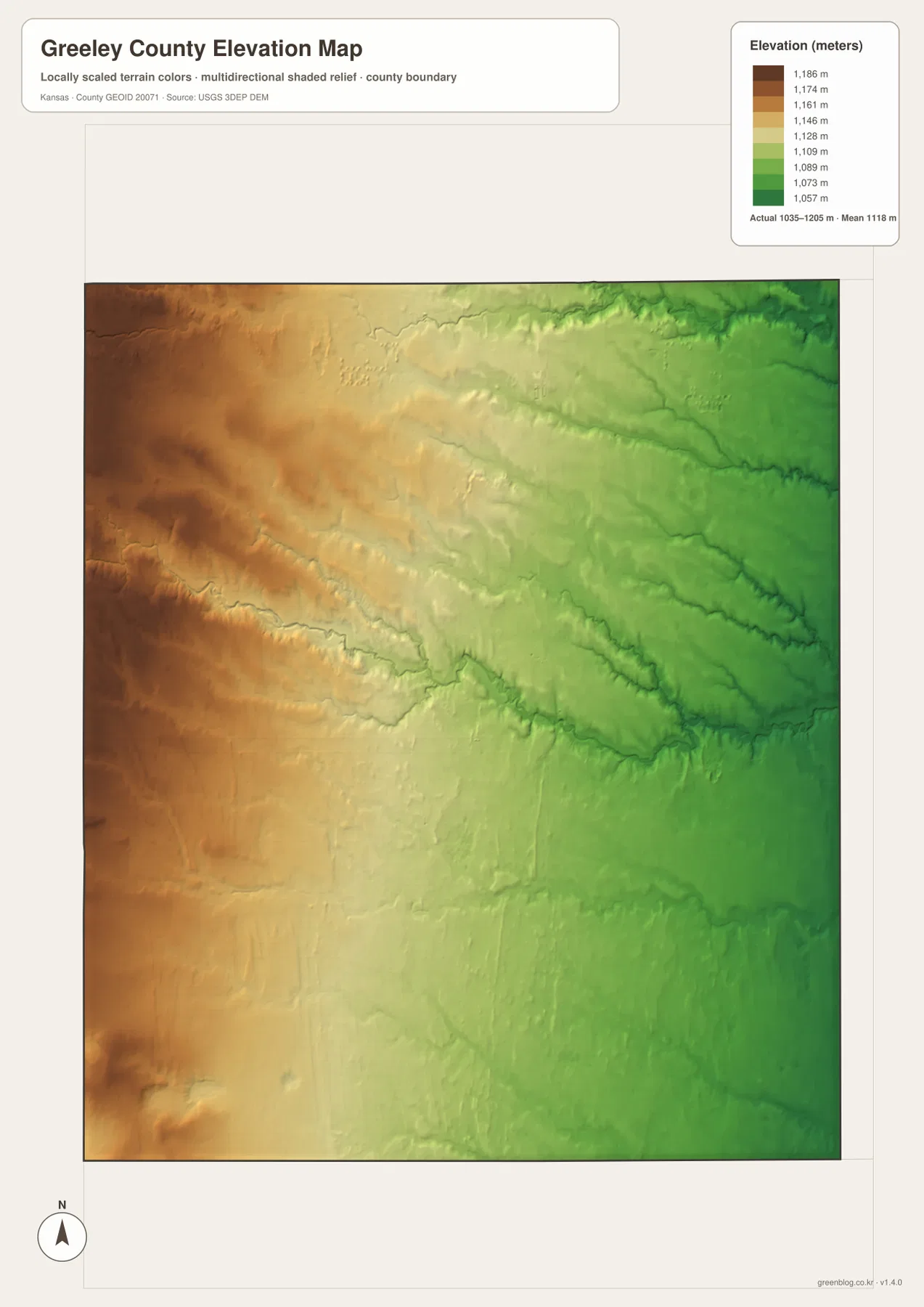Greeley County elevation map showing the 1,035–1,205 meter range, higher western High Plains, and lower eastern creek valleys