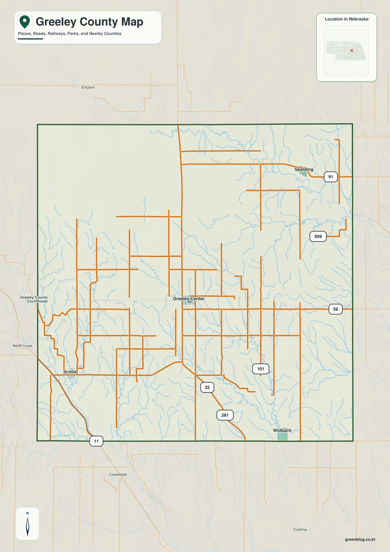 Scotia, Greeley Center, Spalding, Wolbach와 Highway 22, 56, 91, U.S. 281 및 주요 지방도로를 보여 주는 Greeley County 지도