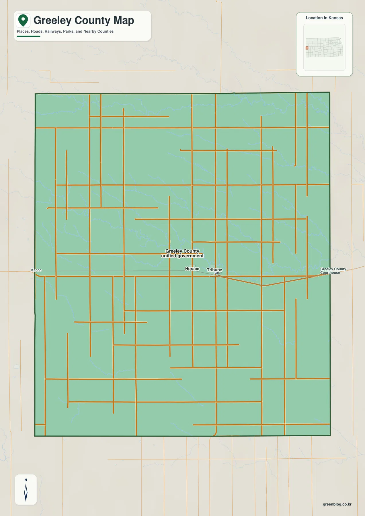 Greeley County Kansas general map showing Tribune, Horace, K-27, the Greeley County Courthouse, and rural roads