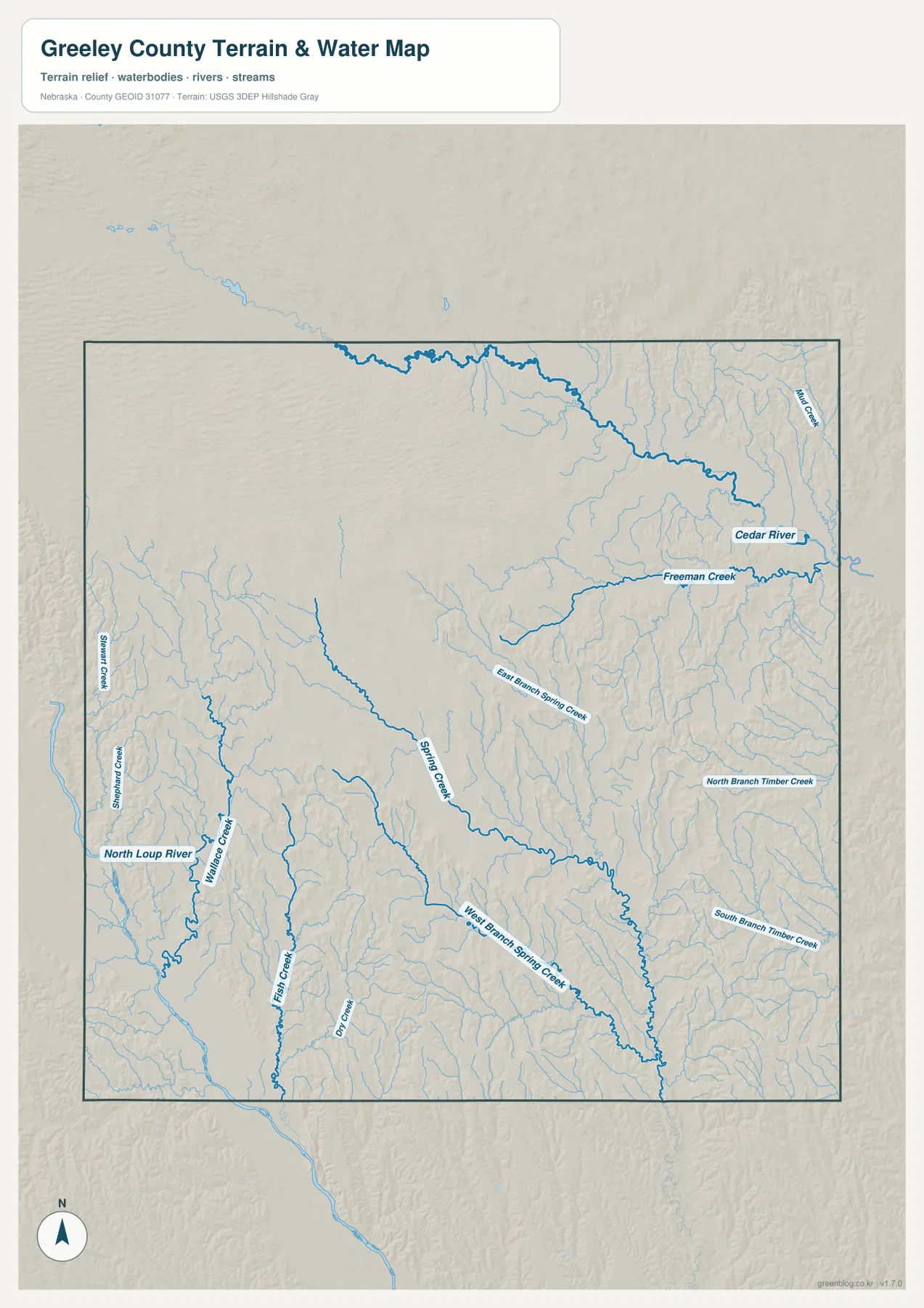 North Loup River, Cedar River, Spring Creek, East and West Branch Spring Creek, Freeman Creek, Timber Creek 지류를 보여 주는 Greeley County 수역 지도