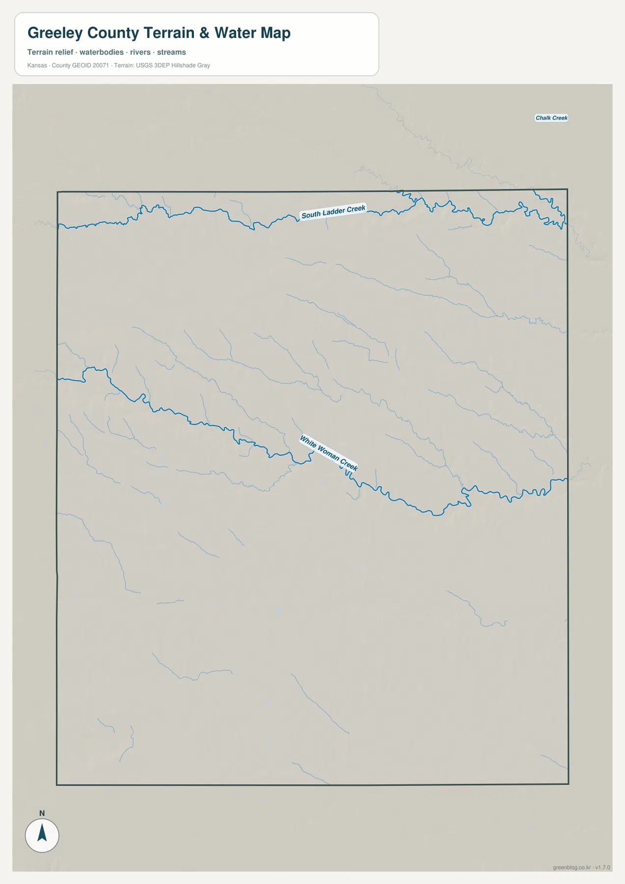 Greeley County terrain and water map showing South Ladder Creek, White Woman Creek, and smaller High Plains tributaries