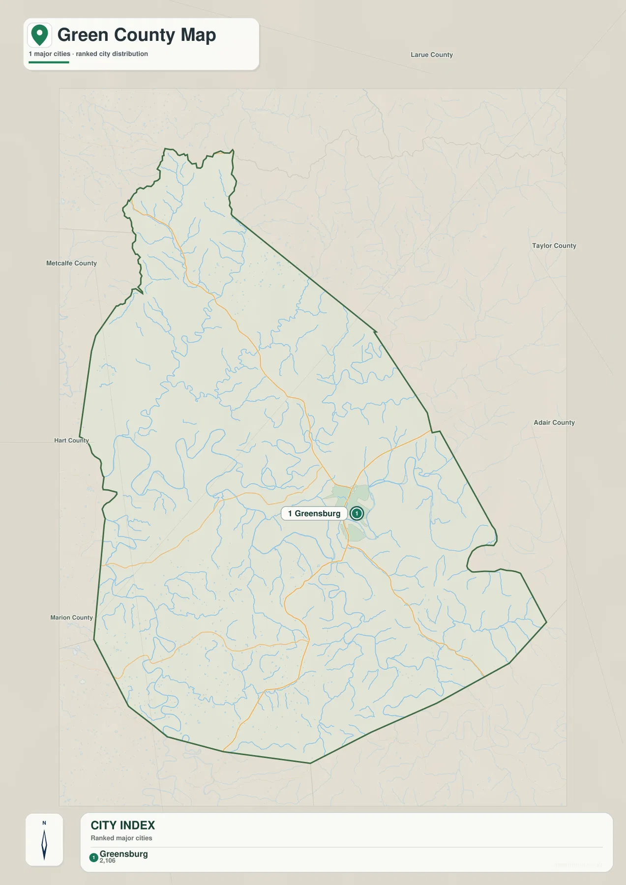 Green County city map with Greensburg shown as the only ranked major city