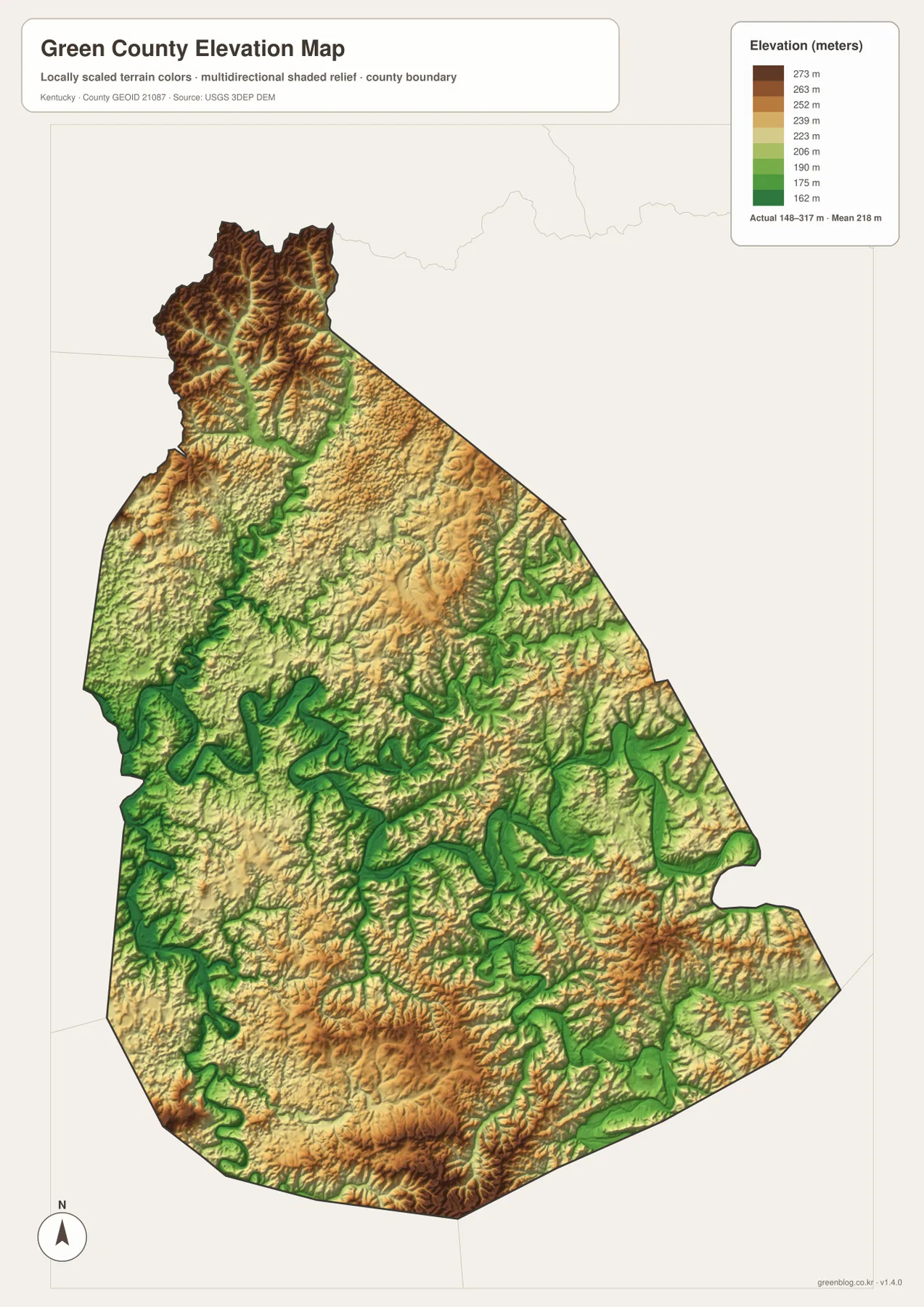 Green County Kentucky elevation map showing an actual range of 148 to 317 meters and a mean of 218 meters