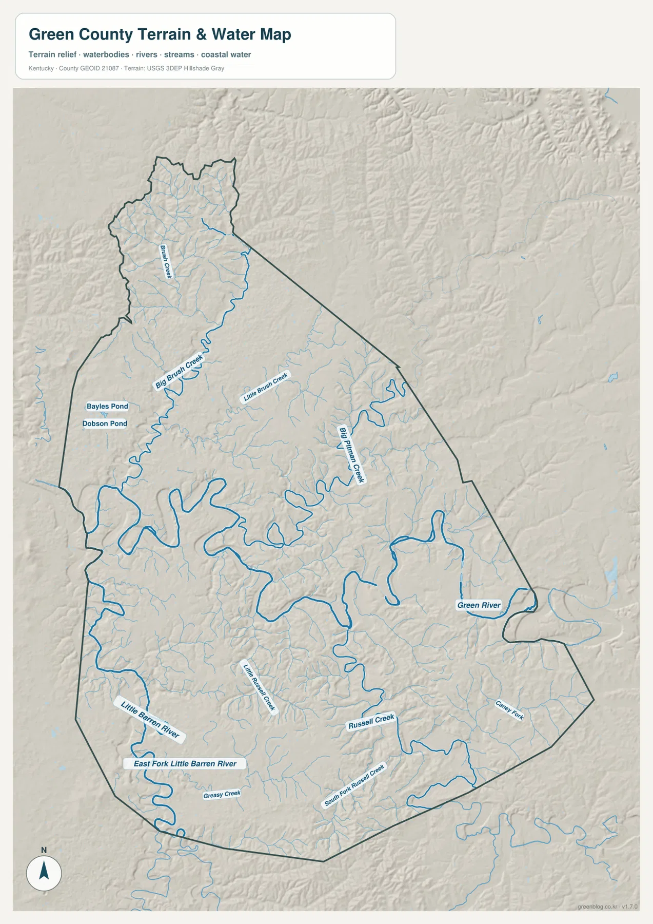 Green County terrain and water map showing Green River, Big Pitman Creek, Brush Creek, Russell Creek, and Little Barren River
