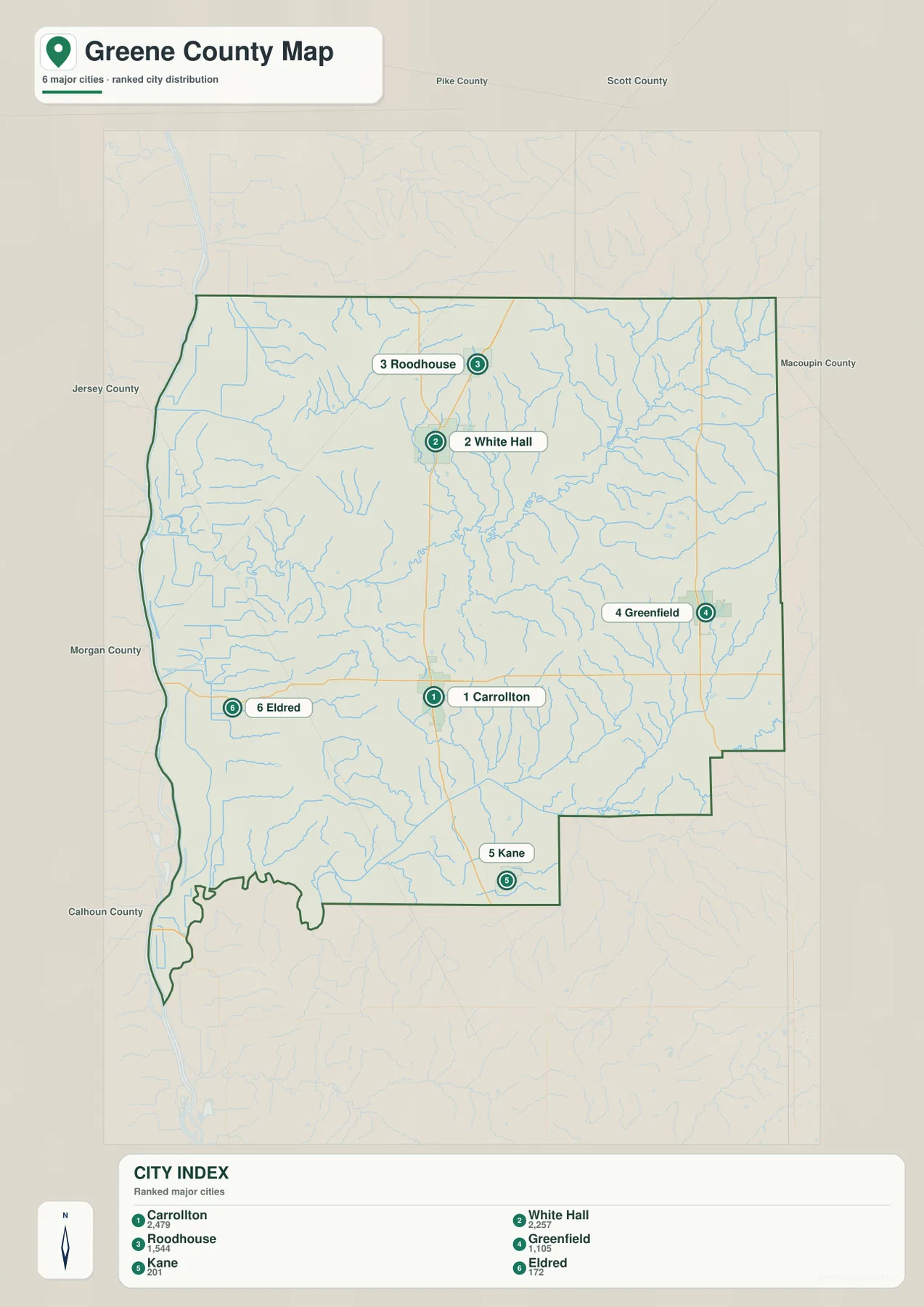 Carrollton, White Hall, Roodhouse, Greenfield, Kane, Eldred를 순위로 표시한 Greene County 도시 지도