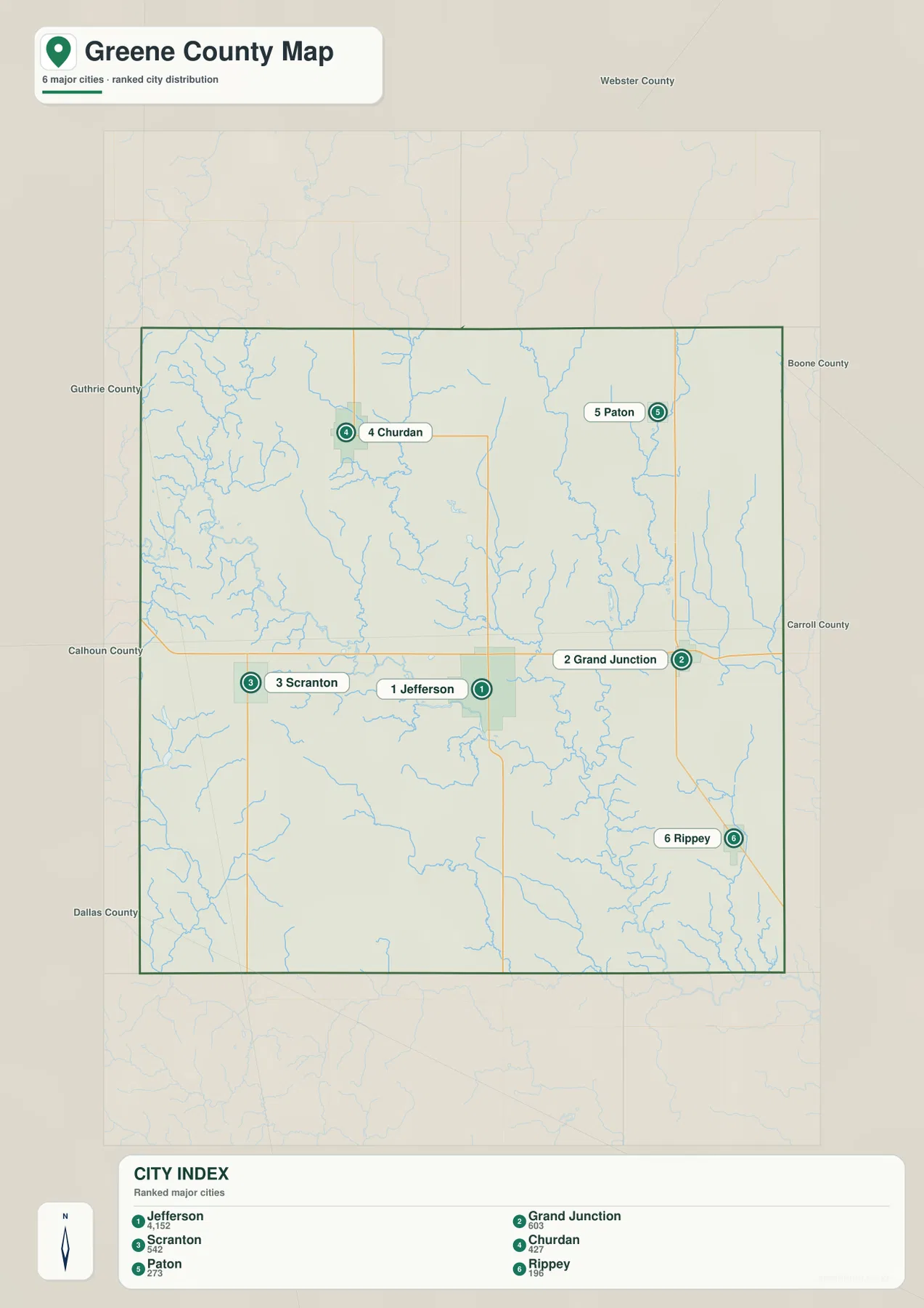 Greene County Iowa city map Jefferson Grand Junction Scranton Churdan Paton Rippey