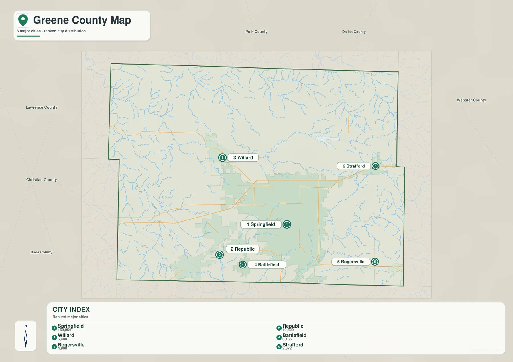 Greene County ranked city distribution map