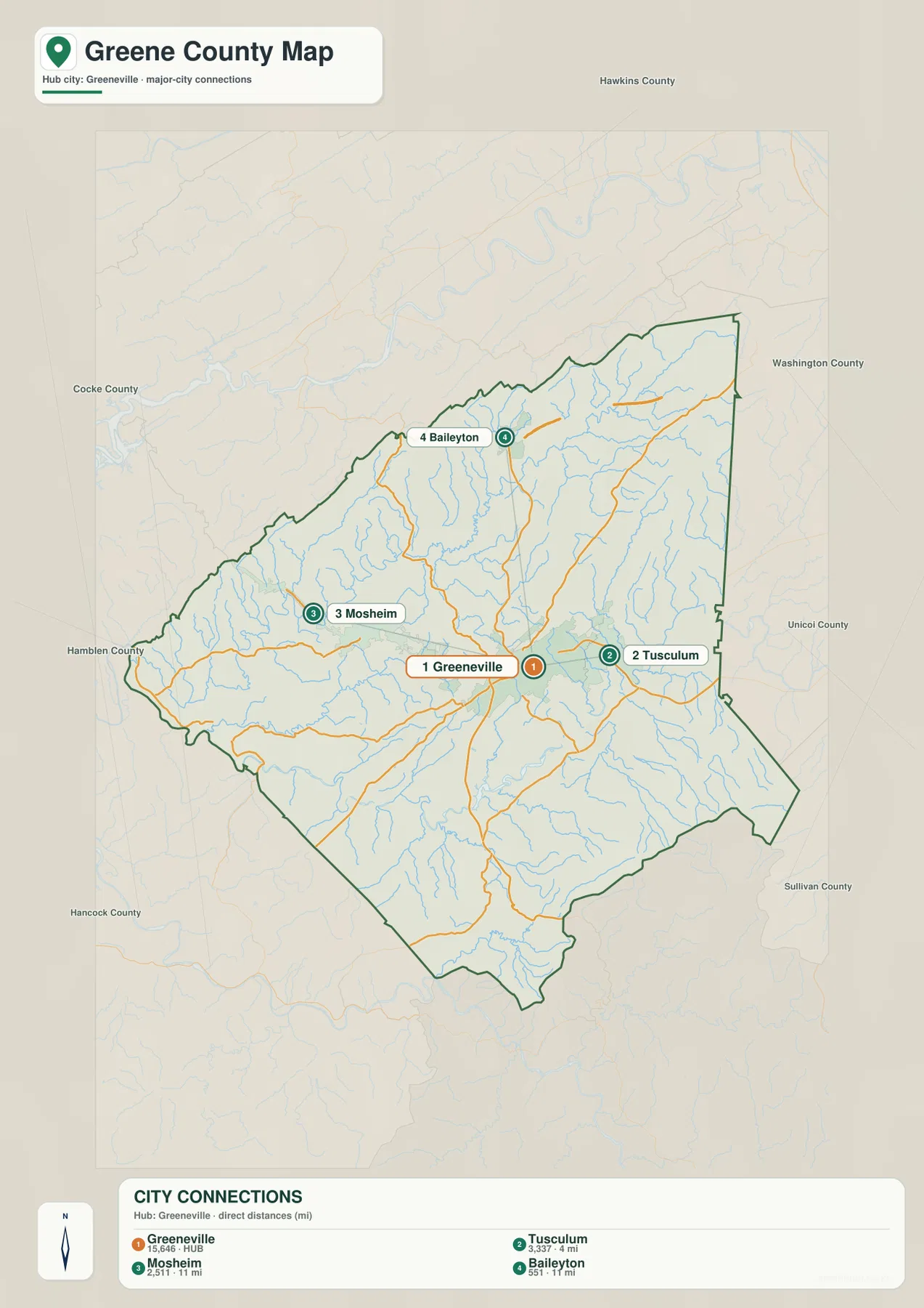 테네시주 그린 카운티 도시 지도 - Greeneville, Tusculum, Mosheim, Baileyton 위치와 직선거리