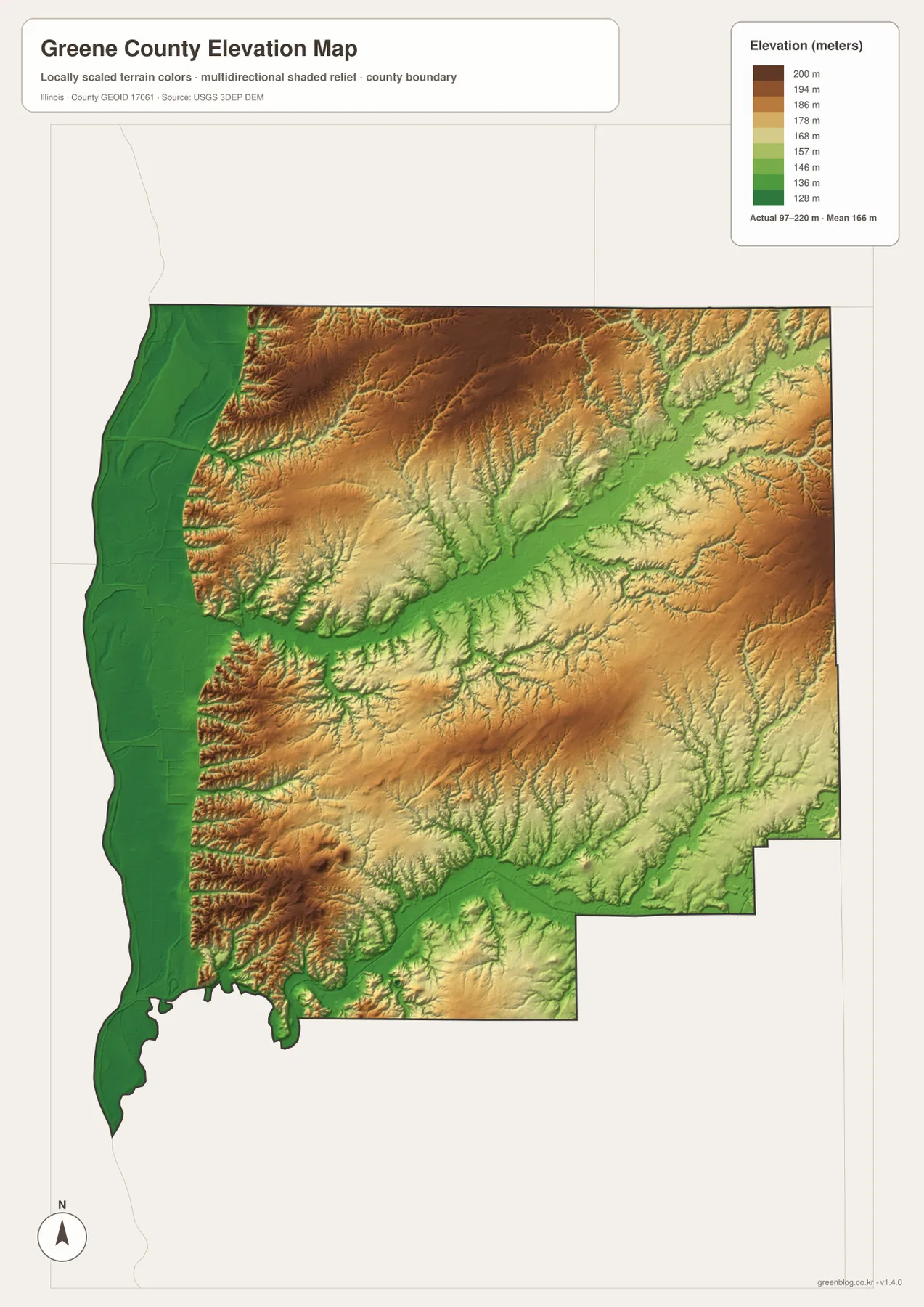 97~220m 범위와 평균 166m를 표시한 Greene County 고도 지도