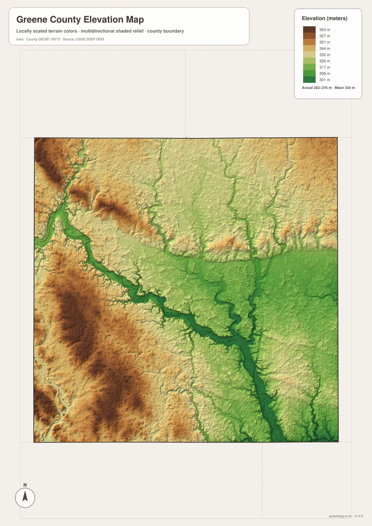 Greene County Iowa elevation map 282 376 meters Raccoon River lowlands western ridges
