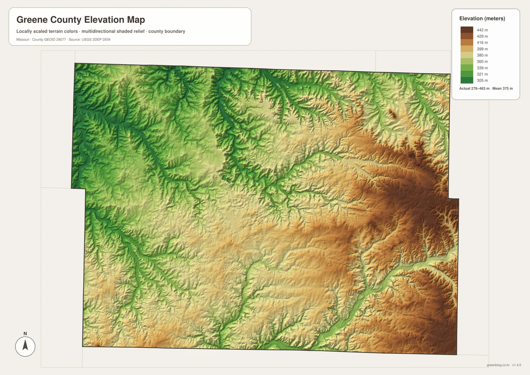 Greene County elevation map from 278 to 463 meters